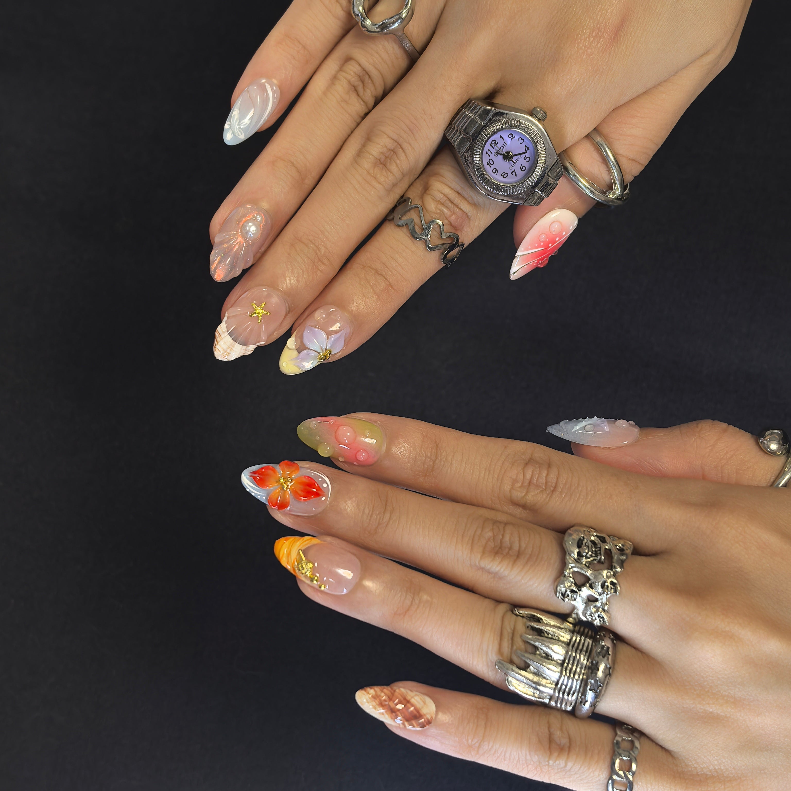 Hawaii Bloom 30mm stiletto press-on nails — hand-painted tropical luxury fake nails for women