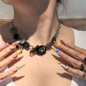 Amber Garden stiletto press-on nails – delicate dotted details and wild leopard print with colorful flower embellishments
