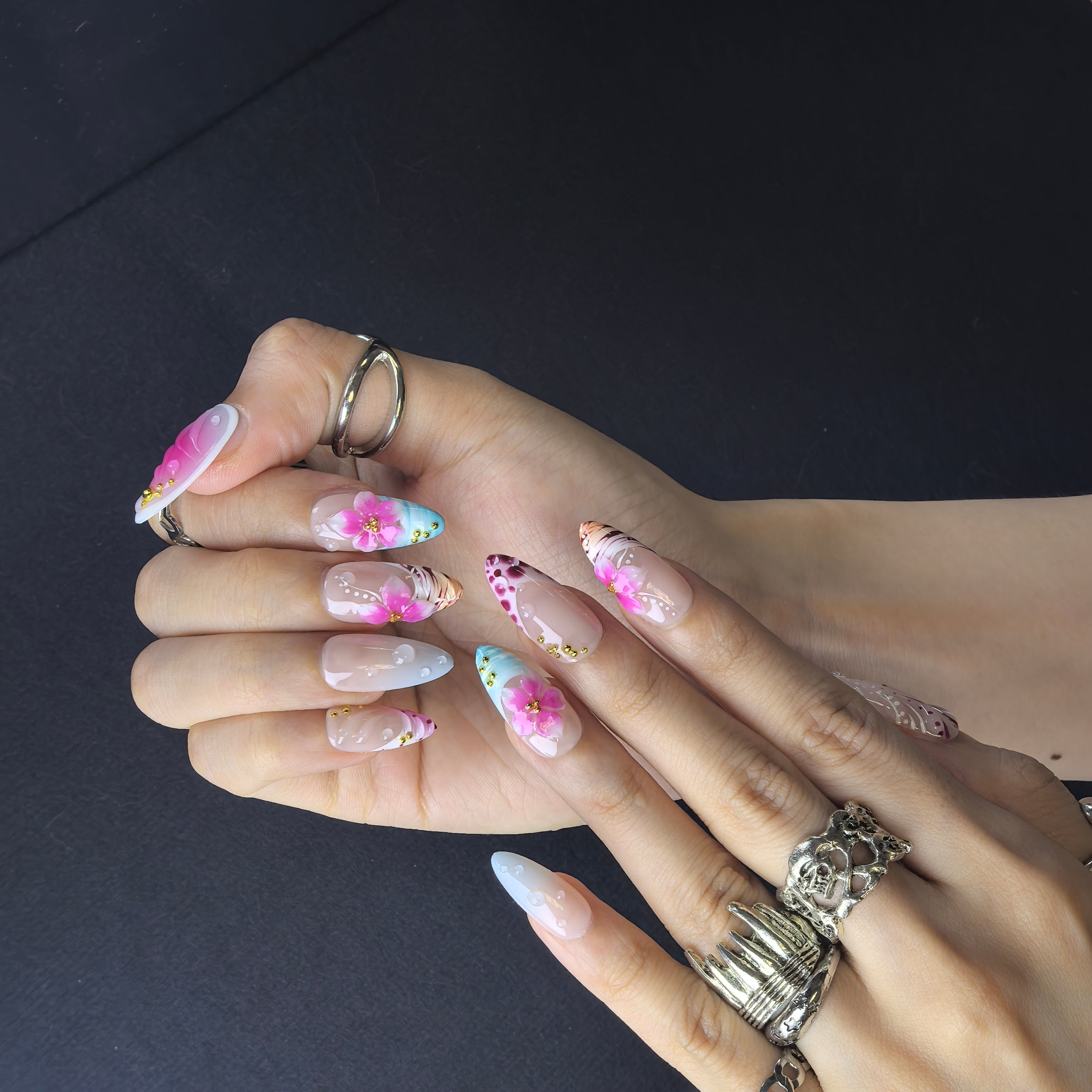 Aqua Bloom 30mm stiletto press-on nails — hand-painted 3D cherry blossom luxury fake nails for women