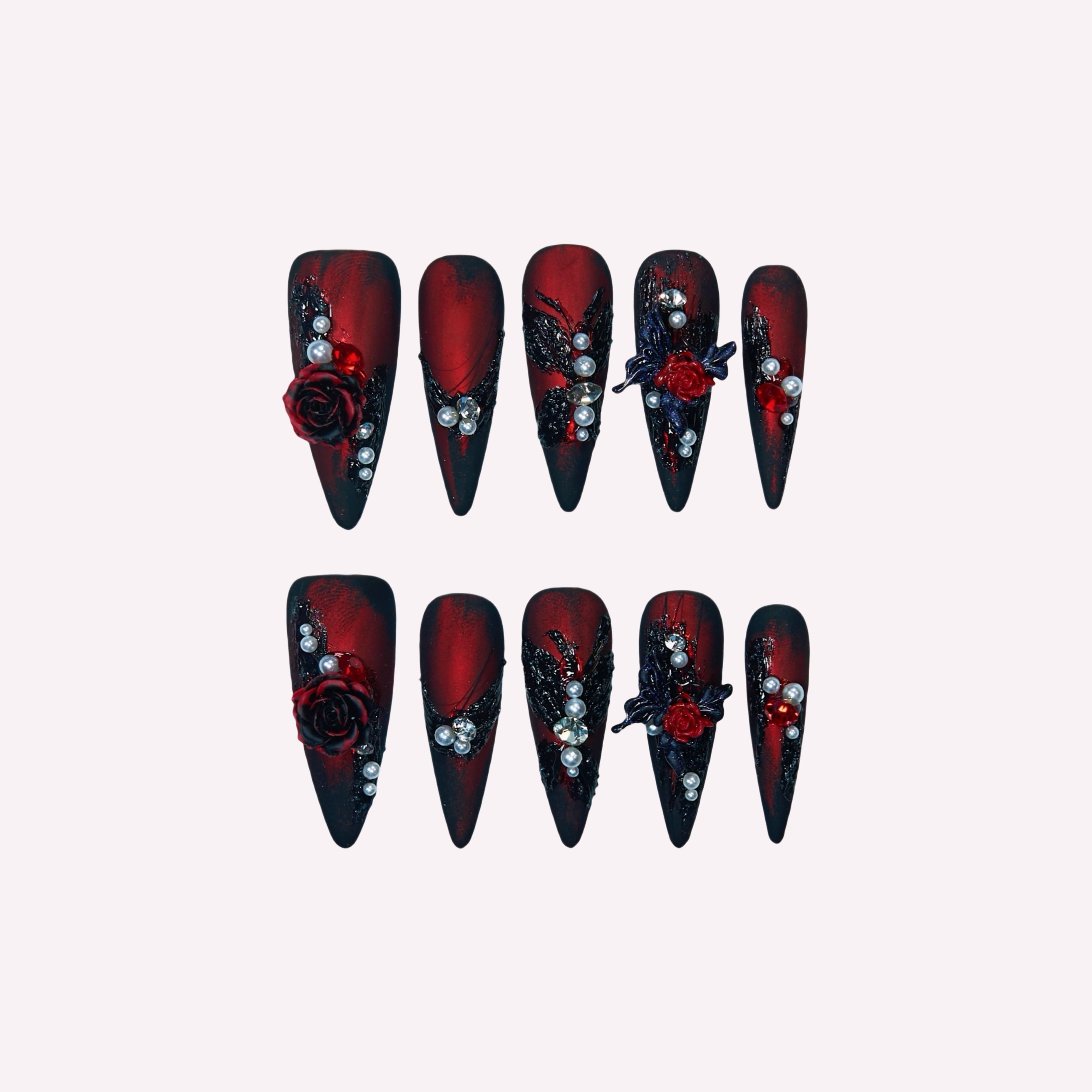 Baddie Queen handmade press-on nails — bold black gold power glam nail art set in coffin and stiletto shapes by Poorguyshop