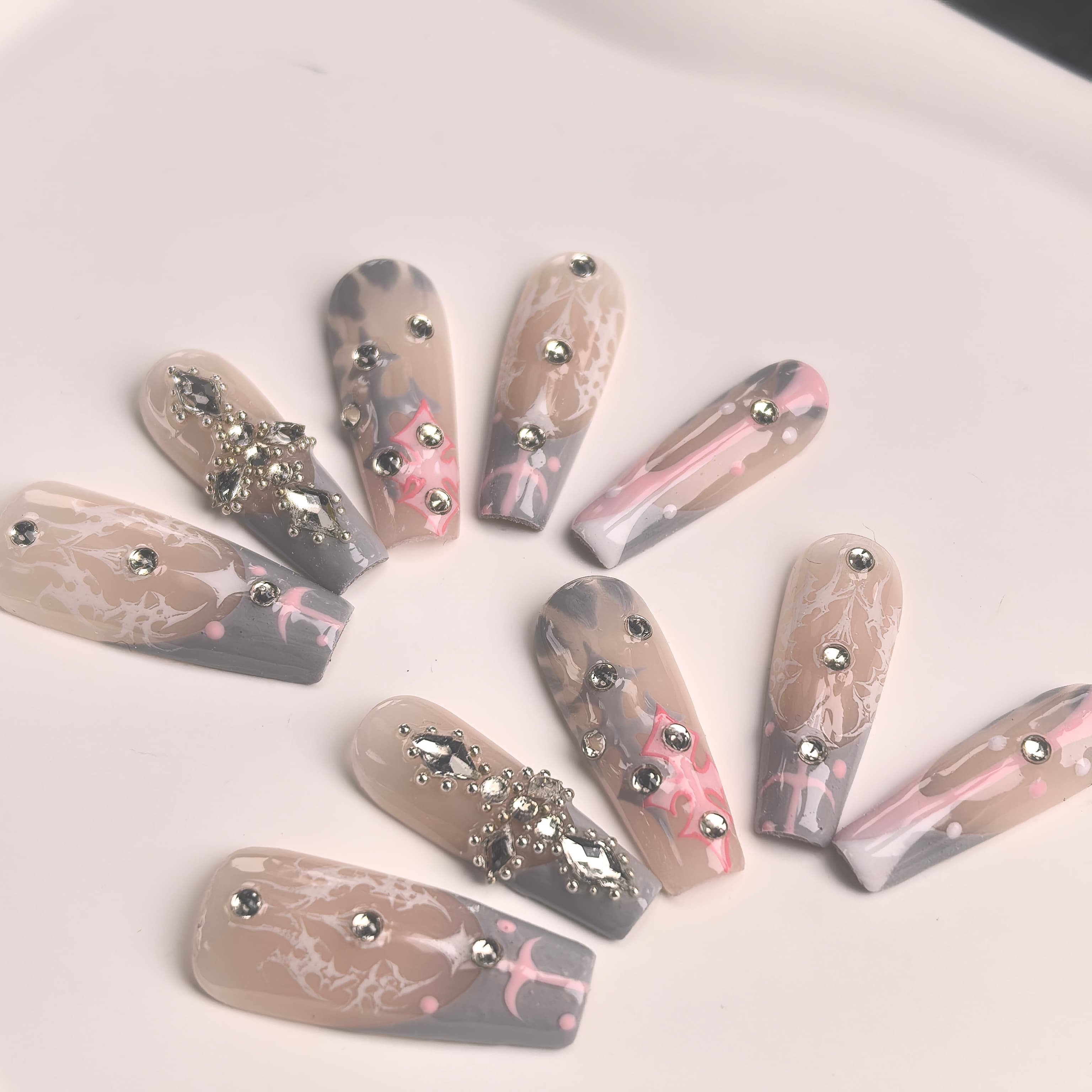 Ballet Glitz 30mm coffin press-on nails — hand-painted nude pastel graffiti marble crystal luxury fake nails for women