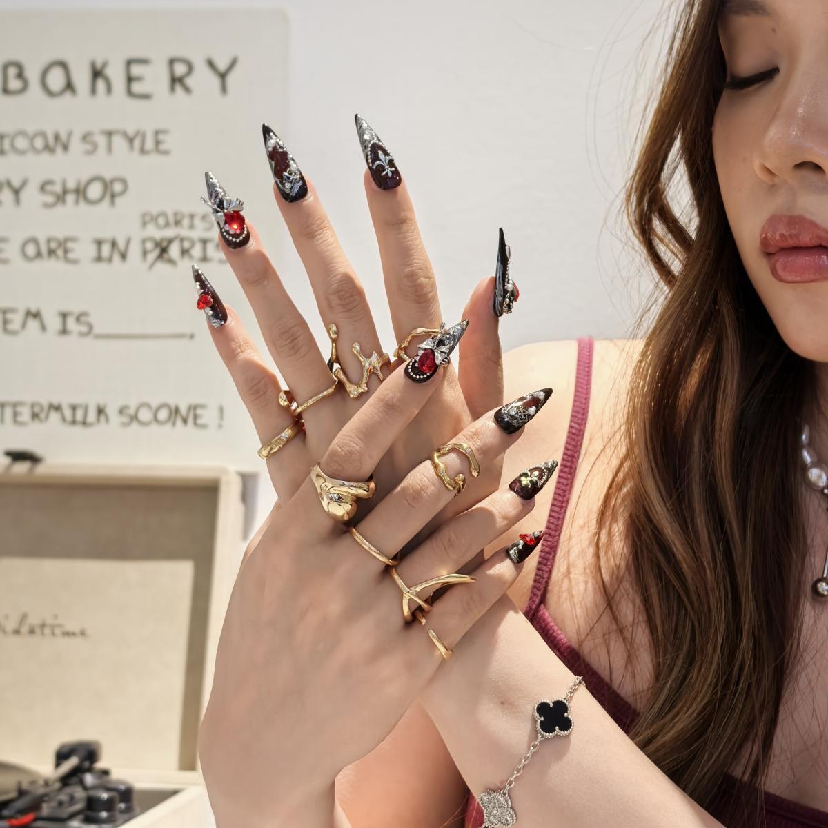Blood Lunar 30mm stiletto press-on nails — hand-painted gothic red jewel luxury fake nails for women