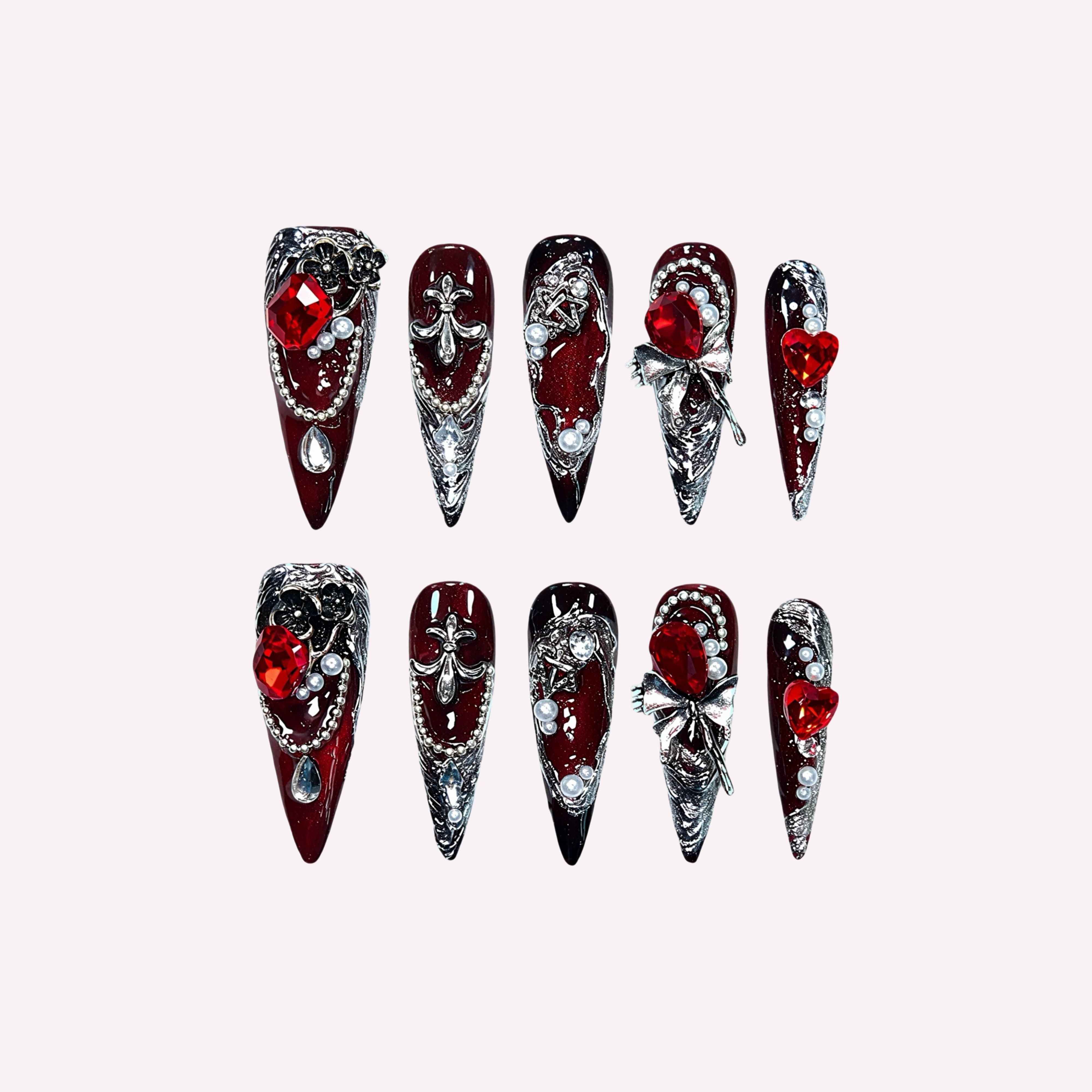 Blood Lunar handmade press-on nails — gothic deep red jewel nail art set in coffin and stiletto shapes by Poorguyshop