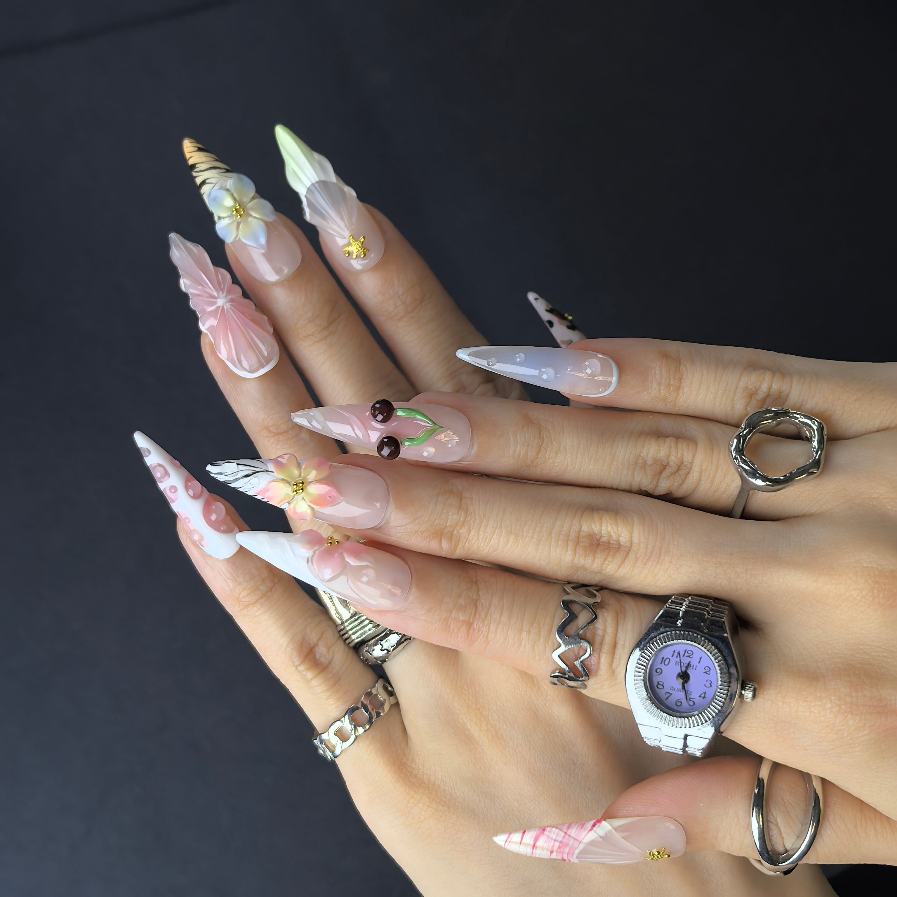 Blossom Picnic 30mm coffin press-on nails — reusable handmade meadow floral nail art press-ons