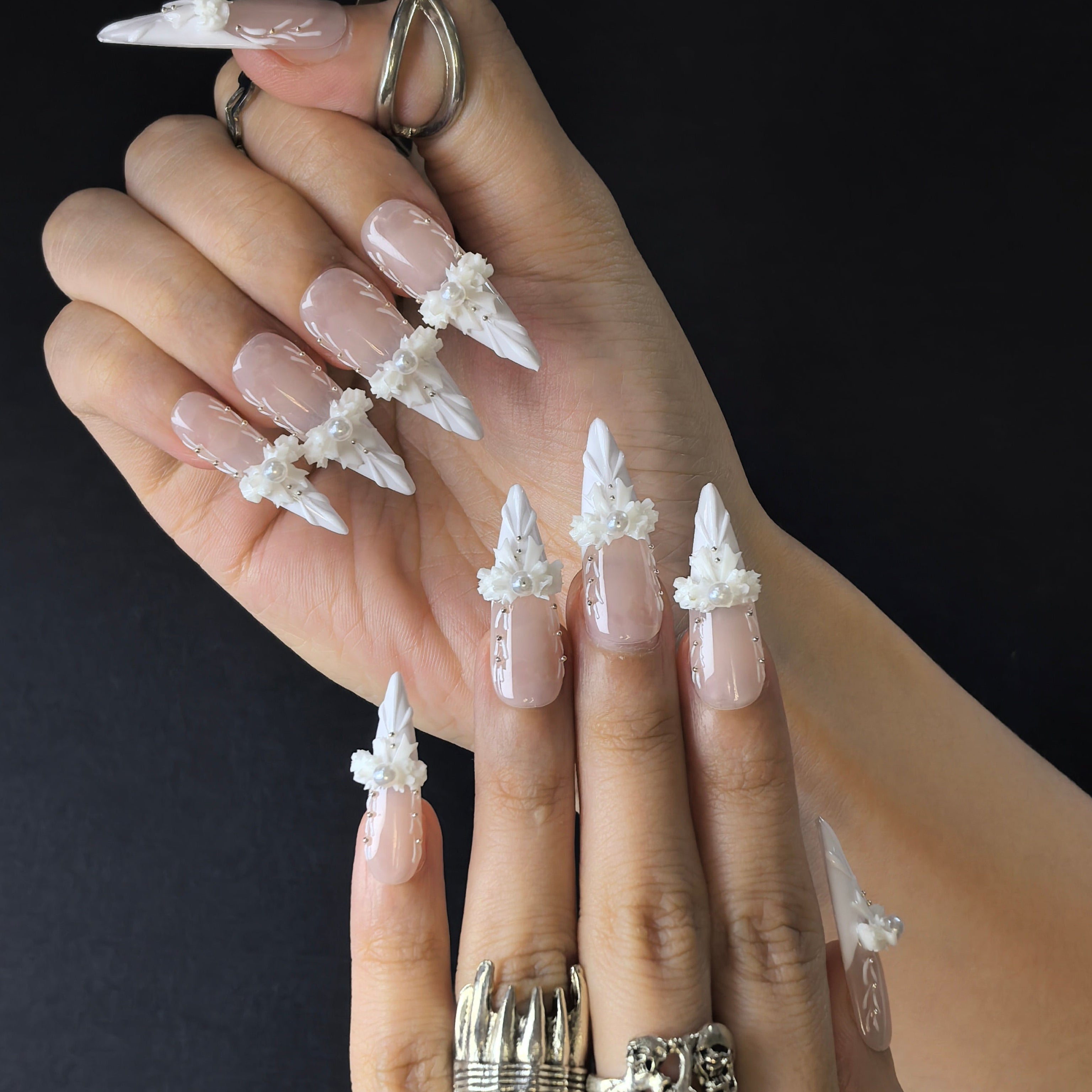 Bride wearing Bridal Bloom handmade press-on nails — elegant wedding nail art coffin stiletto by Poorguyshop