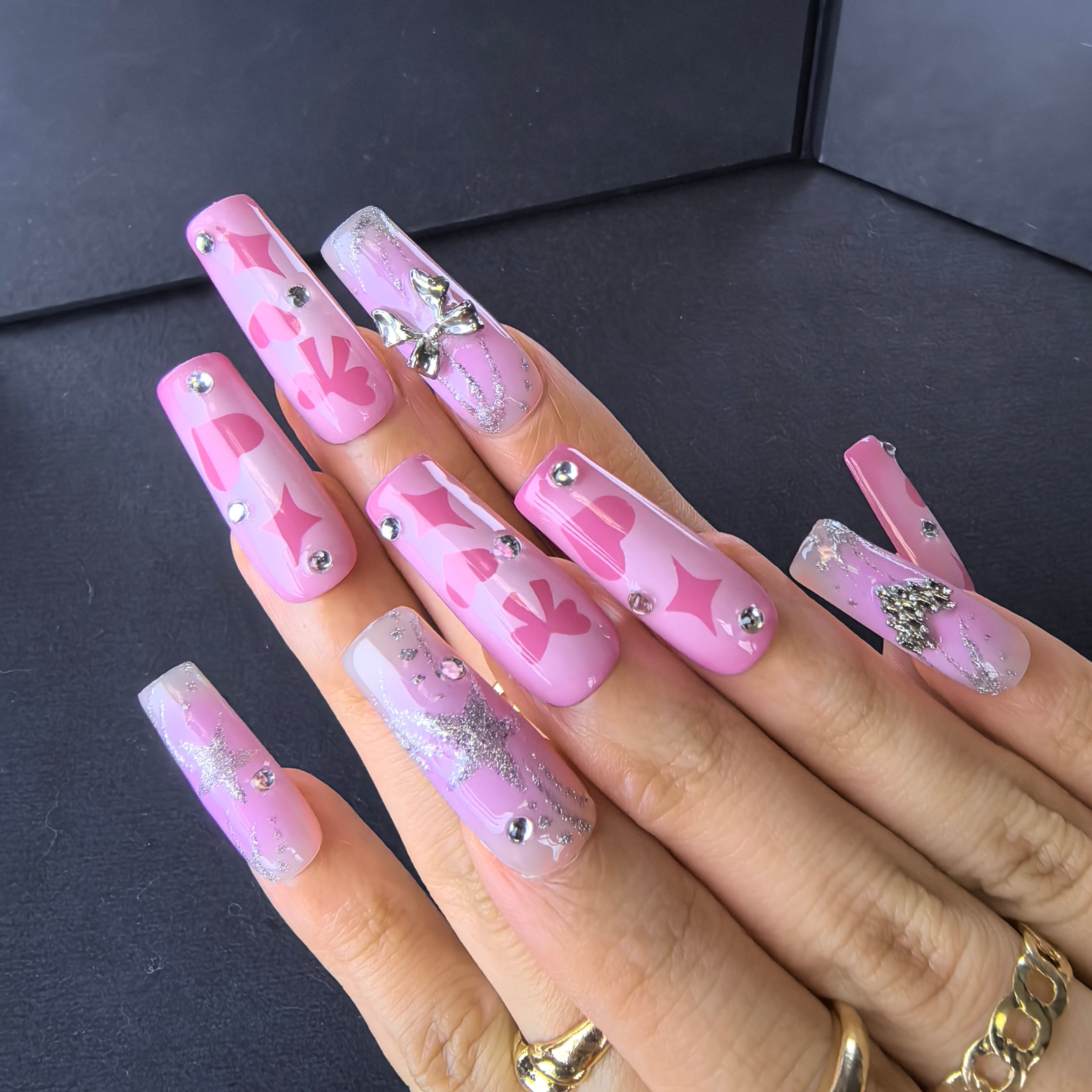 Candy Glitter coquette press-on nails – tiny clear crystal studs and pink shimmer on Valentine's Day nail art