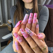 Candy Glitter handmade PMMA coffin nails – pastel pink to milky gradient with silver glitter and bow details