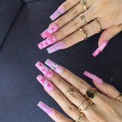 Candy Glitter press-on nails detail – heart motif and star nail art on soft pink coquette coffin nails, 30mm