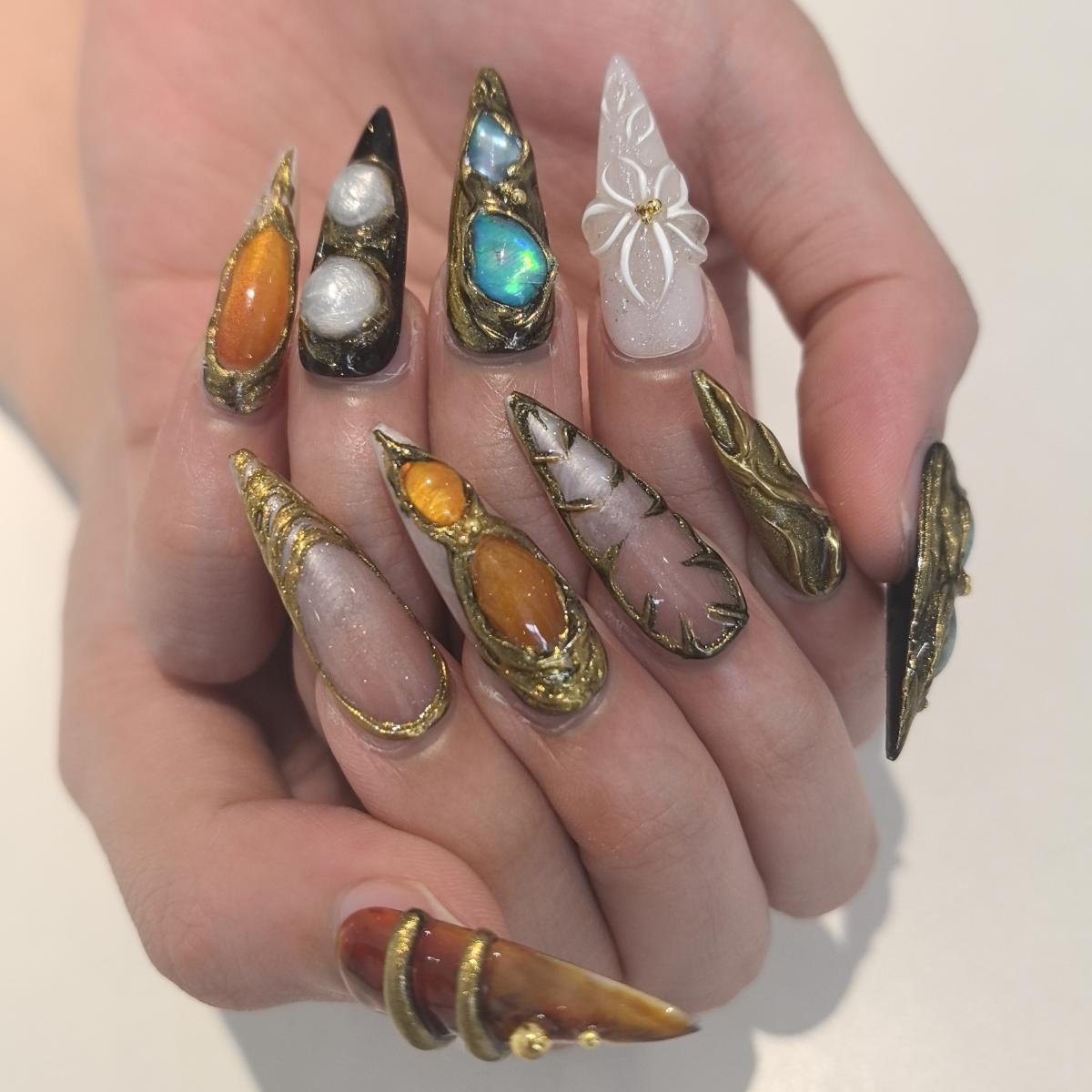 Castle 30mm stiletto press-on nails — hand-painted dark grey gold medieval luxury fake nails for women