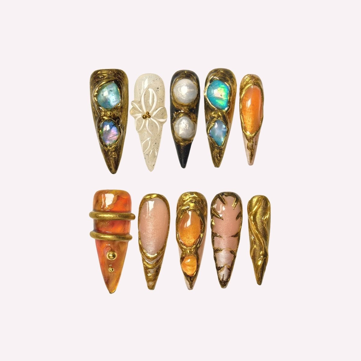 Castle handmade press-on nails — dark fantasy stone grey gold medieval nail art set in coffin and stiletto shapes by Poorguyshop