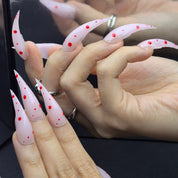 Cat Claw #5 30-40mm cat claw press-on nails — hand-painted milky pink translucent red polka dot luxury fake nails for women