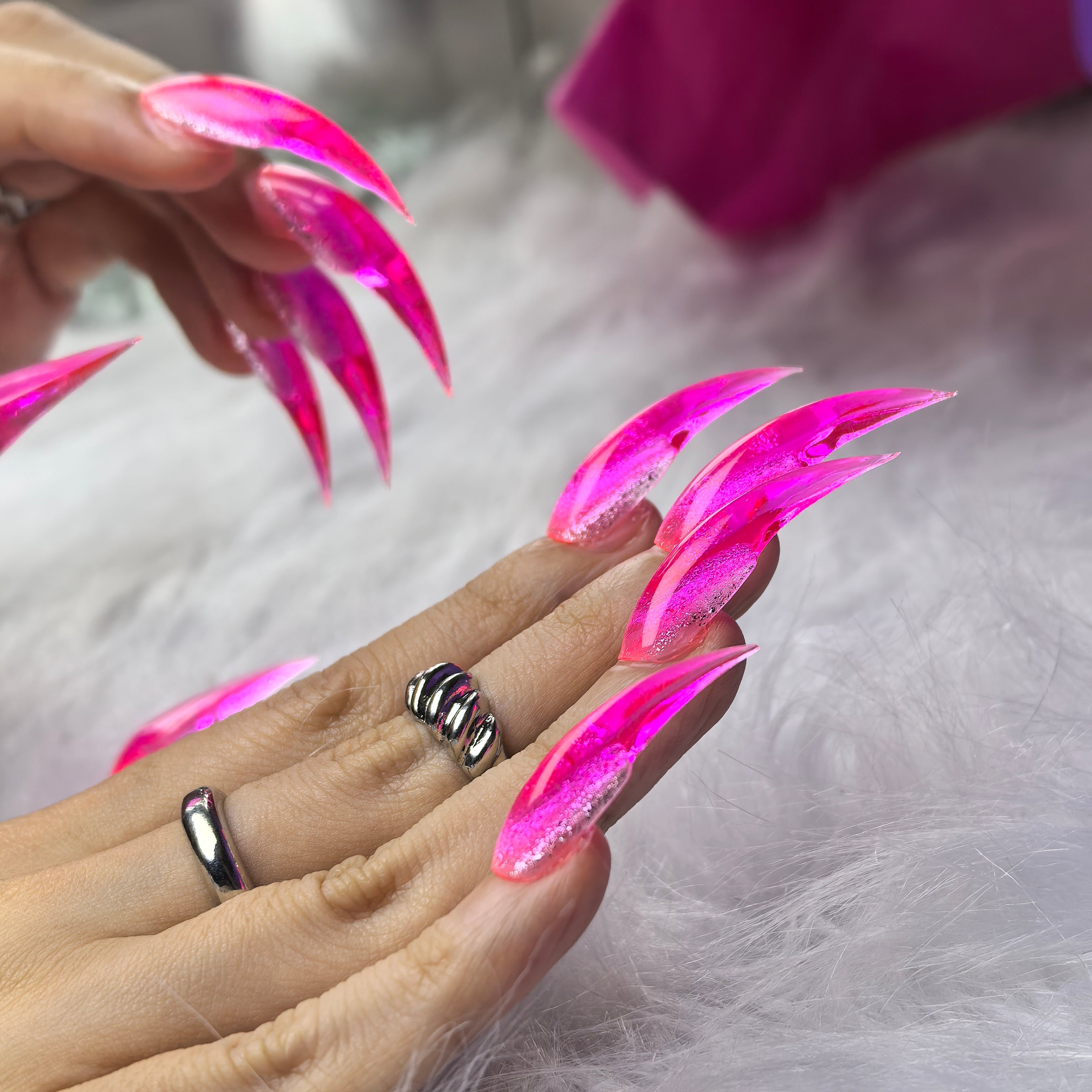 Cat Claw #6 press-on nail set — handmade hot pink glitter nails with nail glue and prep pad, multiple sizes included