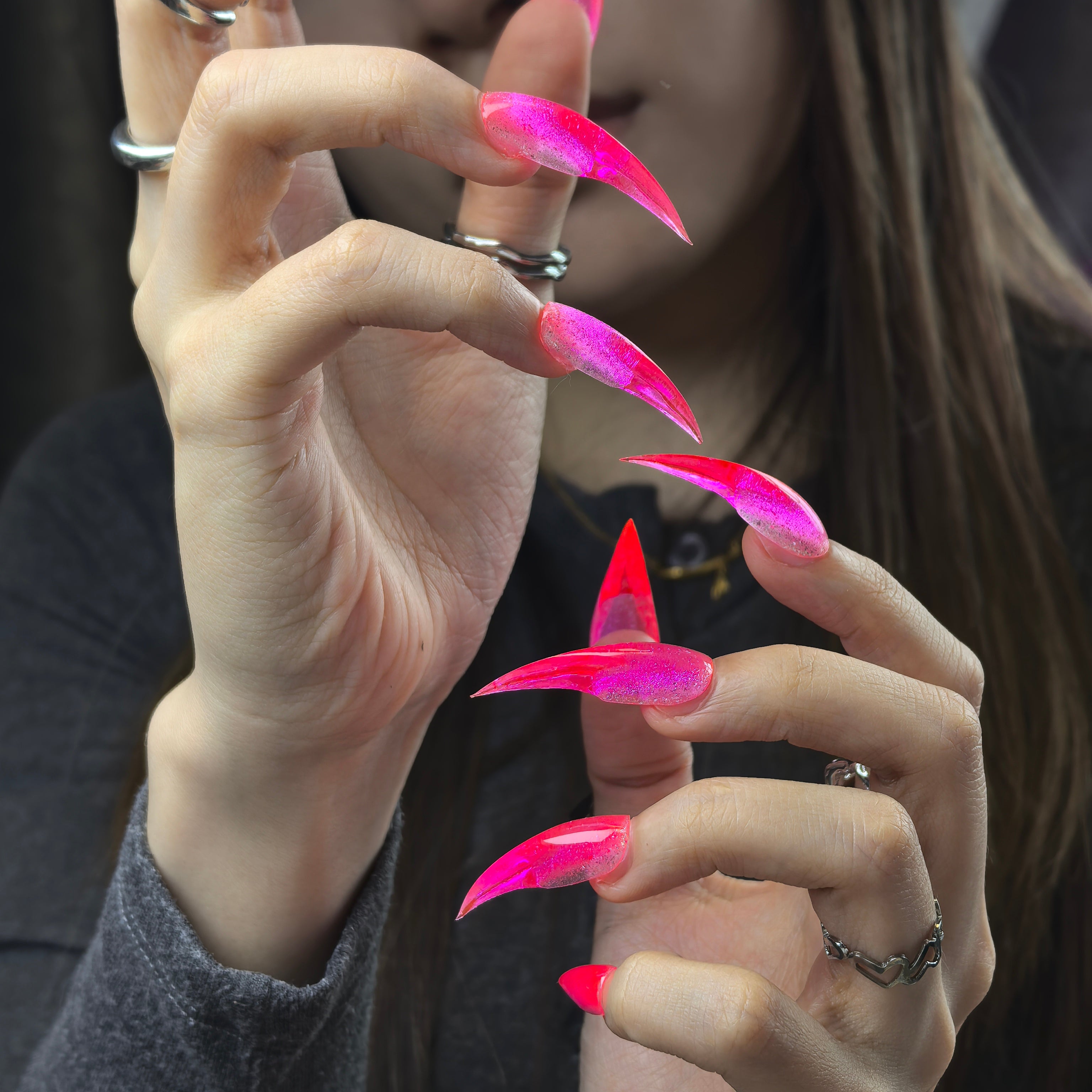 Cat Claw #6 press-on nails — hand-crafted hot pink glitter cat claw luxury fake nails for women