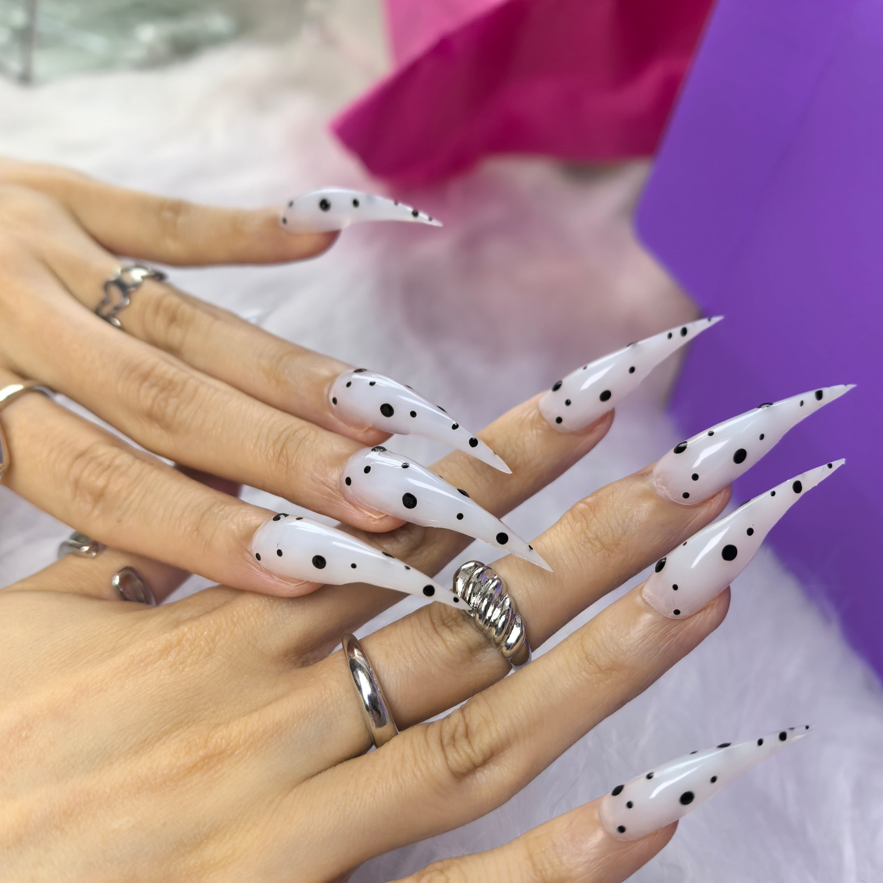 Cat Claw #9 extra-long cat claw press-on nails — reusable handmade milky white black polka dot minimalist Y2K monochrome nail art press-ons