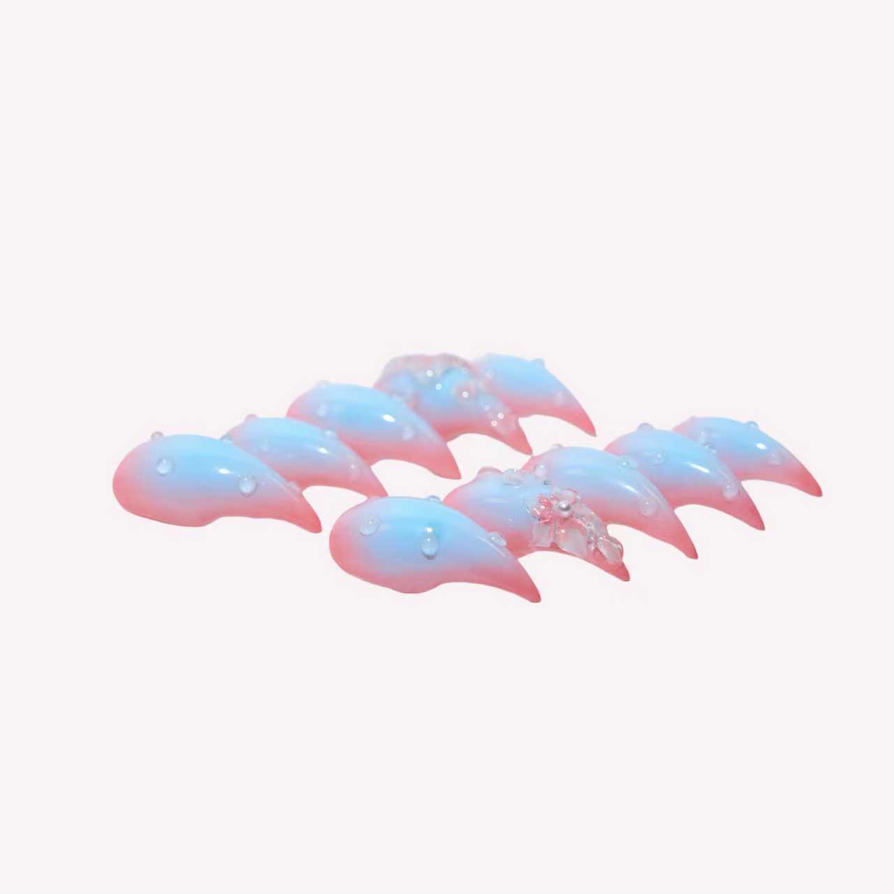 Cat Claws #1 handmade press-on nails — pink blue gradient floral pearl romantic nail art short claw set by Poorguyshop