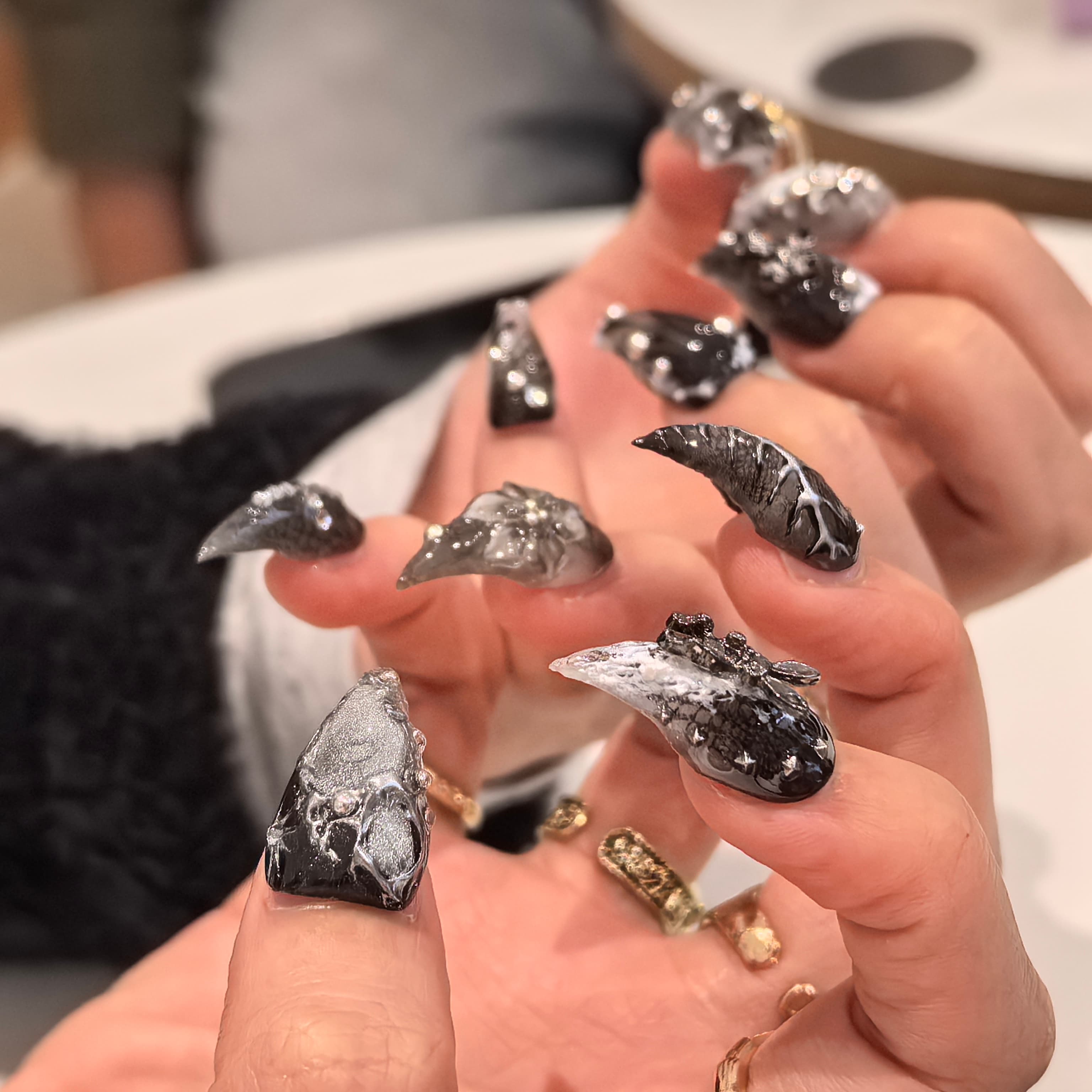 Cat Claws #2  short cat claw press-on nails — hand-painted black silver gothic metallic charm gem cross luxury fake nails for women