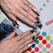 Chanel 30mm stiletto press-on nails — reusable handmade black white cracked glitter gothic rose nail art press-ons