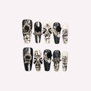 Chanel handmade press-on nails — black white cracked glitter 3D rose diamond cross nail art set in coffin and stiletto shapes by Poorguyshop