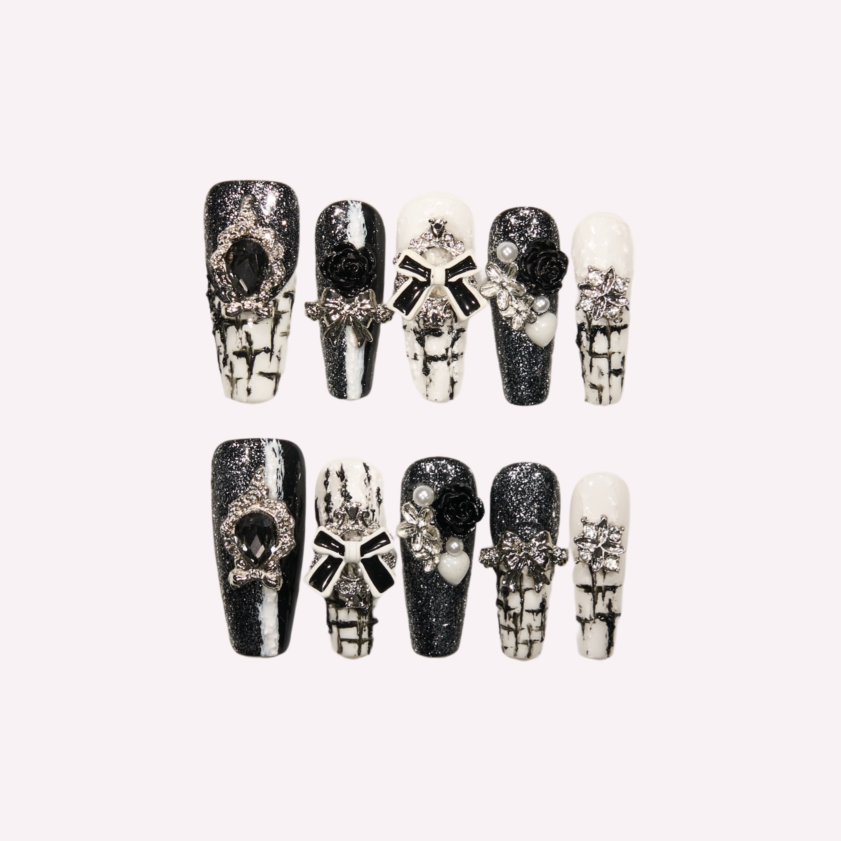 Chanel handmade press-on nails — black white cracked glitter 3D rose diamond cross nail art set in coffin and stiletto shapes by Poorguyshop