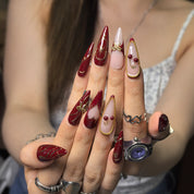Cherry Bite coquette stiletto press-on nails – gold beaded trim and cherry motifs, 25–30mm luxe vintage nail art