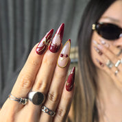 Cherry Bite reusable PMMA stiletto press-on nails – retro glamour cherry gold nail art for date nights and special occasions