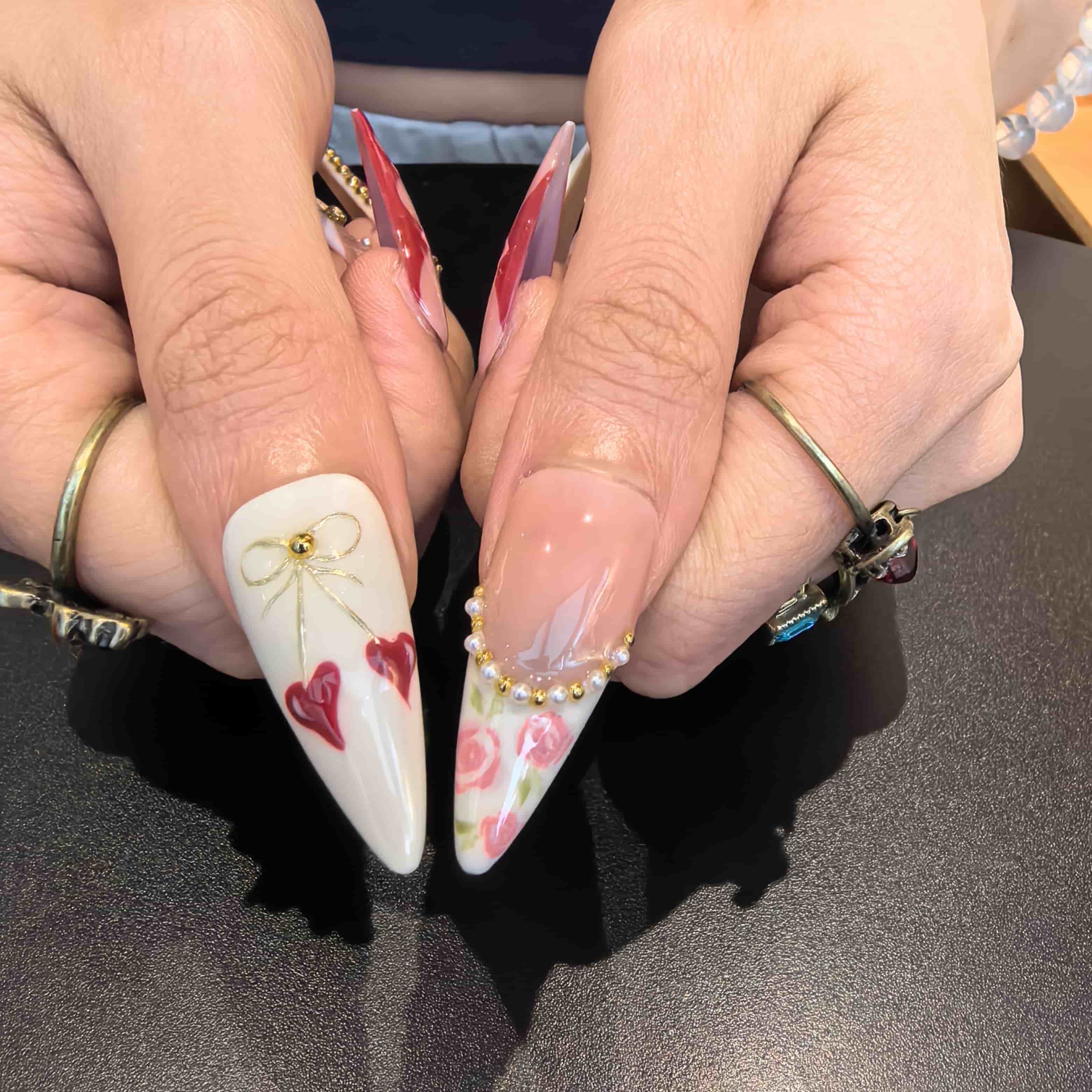 Cherry Pie reusable PMMA stiletto press-on nails – feminine coquette nail art for Valentine's Day and birthday parties