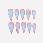 Close-up of Cat Claws #1 press-on nails — translucent floral motif bubbly detail soft pink flower pearl embellishment nail art by Poorguyshop