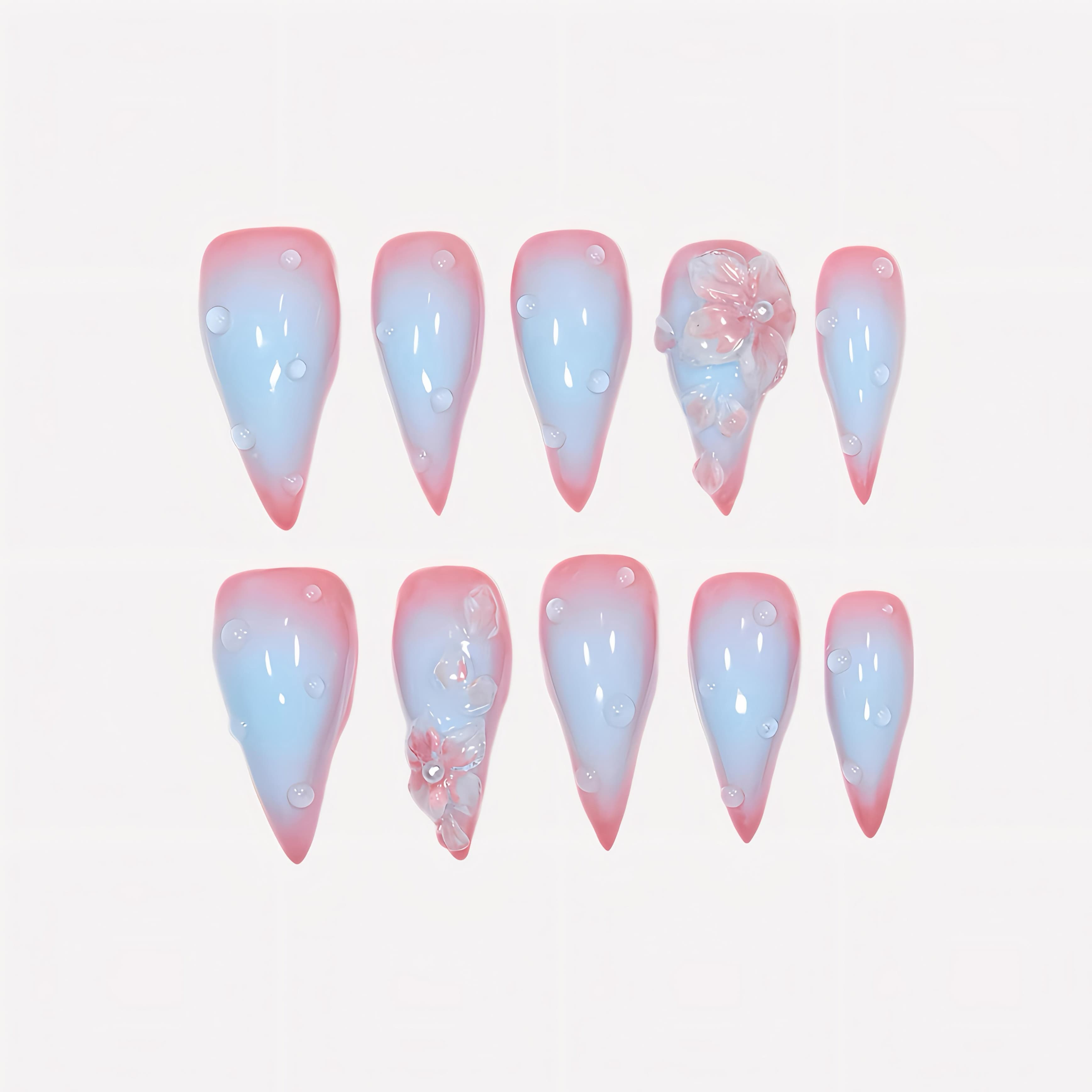 Close-up of Cat Claws #1 press-on nails — translucent floral motif bubbly detail soft pink flower pearl embellishment nail art by Poorguyshop