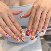 Coral Blossom reusable PMMA coffin press-on nails – tropical floral fairy-tale nail art for summer and festive occasions