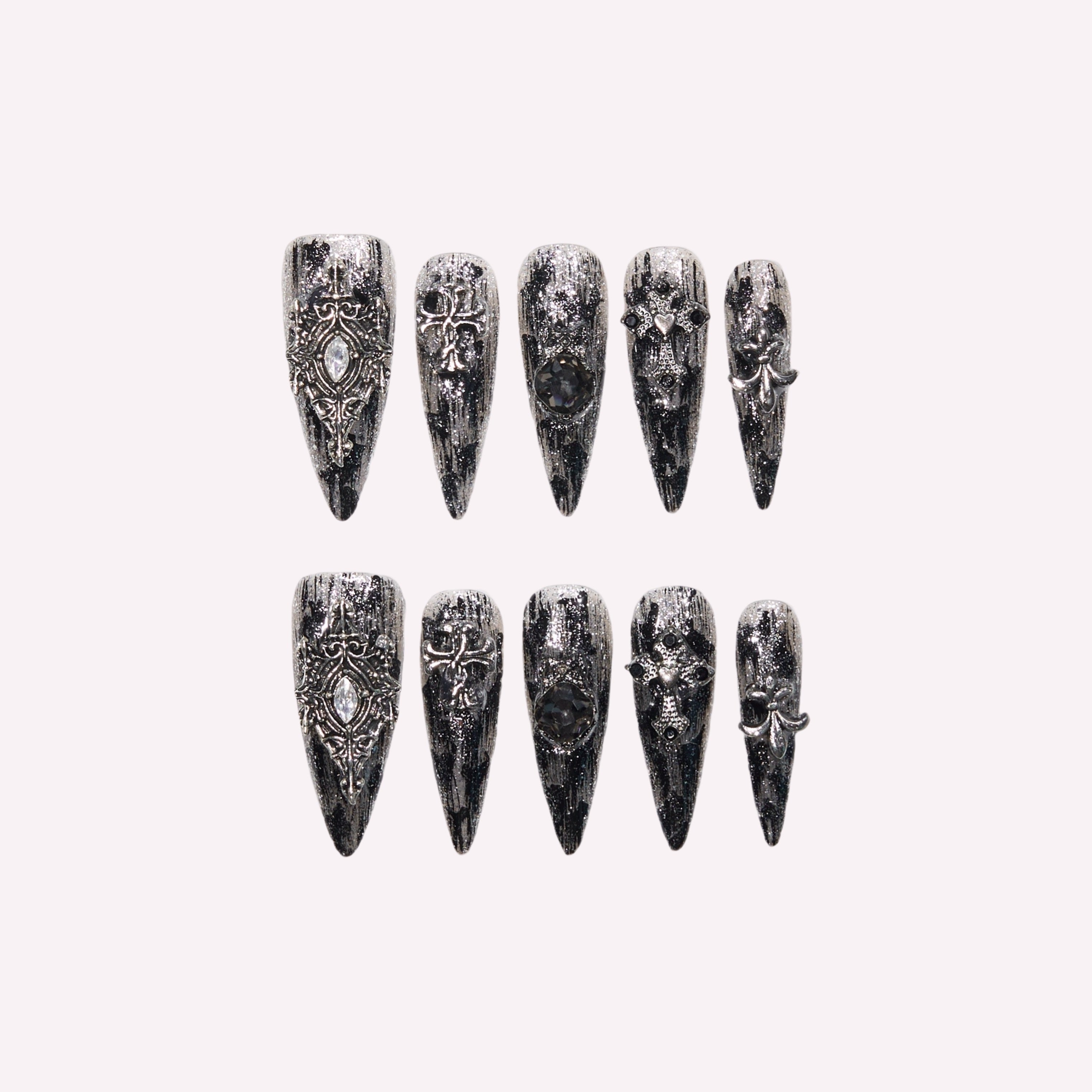 Dark Lucifer handmade press-on nails — silver black distressed gothic 3D cross charm nail art stiletto set by Poorguyshop