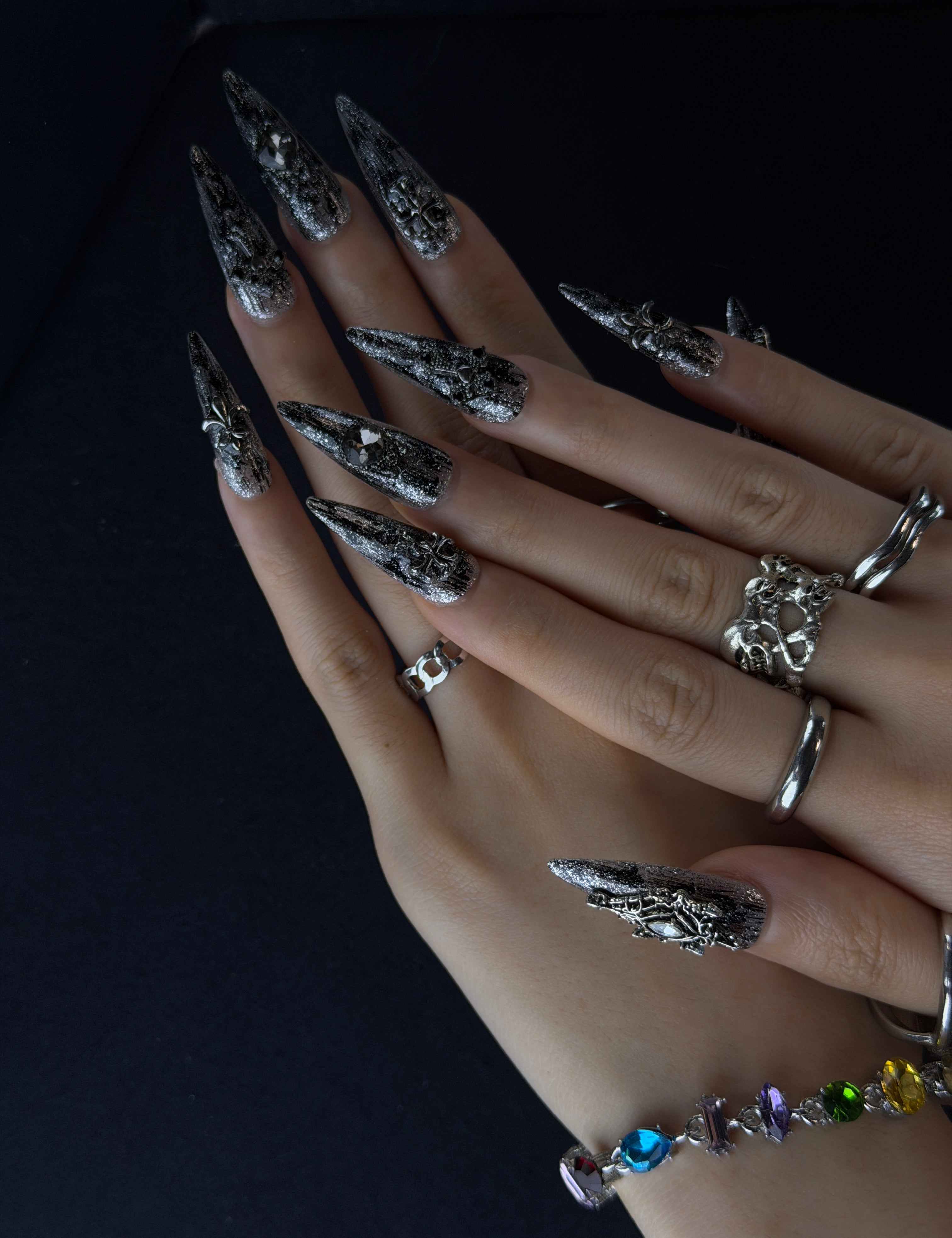 Dark Lucifer stiletto press-on nails — hand-crafted silver black gothic 3D charm luxury fake nails for women