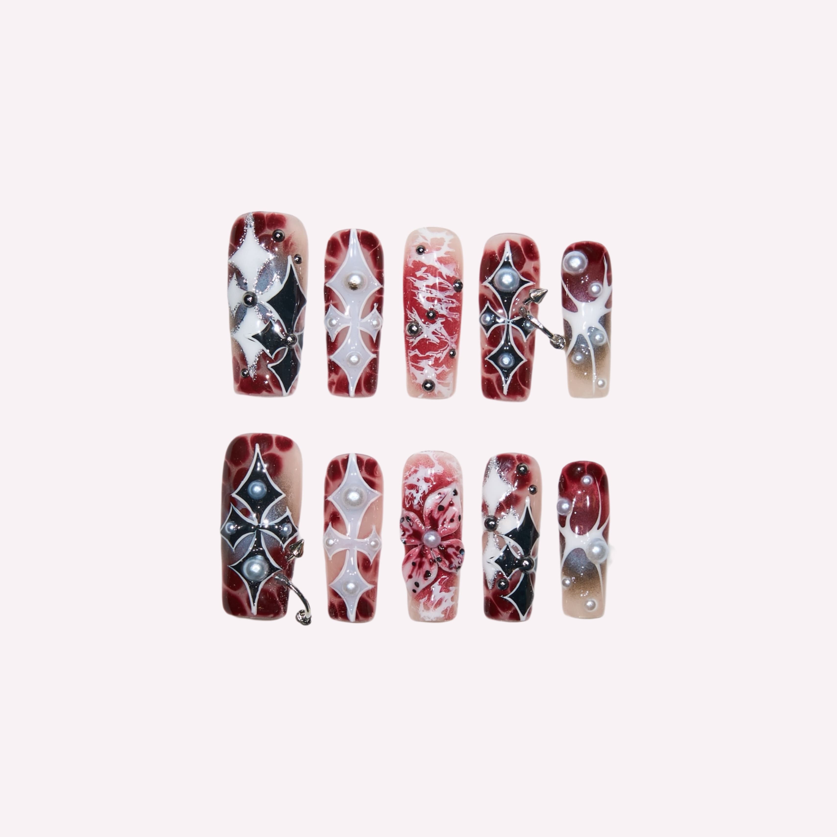 Dark Romanticism handmade press-on nails — marbled burgundy black gothic cross pearl rivet safety pin nail art square set by Poorguyshop