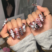 Dark Romanticism square press-on nails — hand-painted marbled burgundy black gothic cross pearl luxury fake nails for women