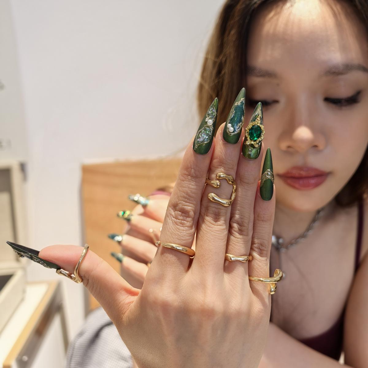 Emerald Wilds 30mm coffin press-on nails — hand-painted gradient green emerald gold gem luxury fake nails for women