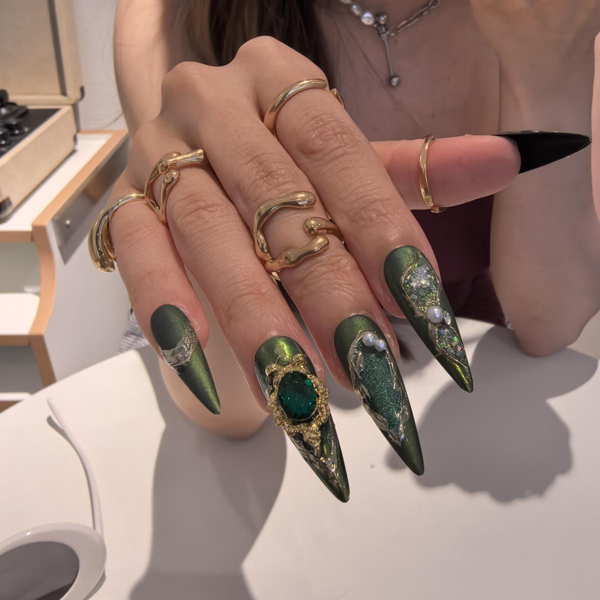 Emerald Wilds 30mm stiletto press-on nails — reusable handmade gradient green emerald gem pearl nail art press-ons