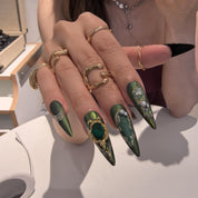 Emerald Wilds 30mm stiletto press-on nails — reusable handmade gradient green emerald gem pearl nail art press-ons