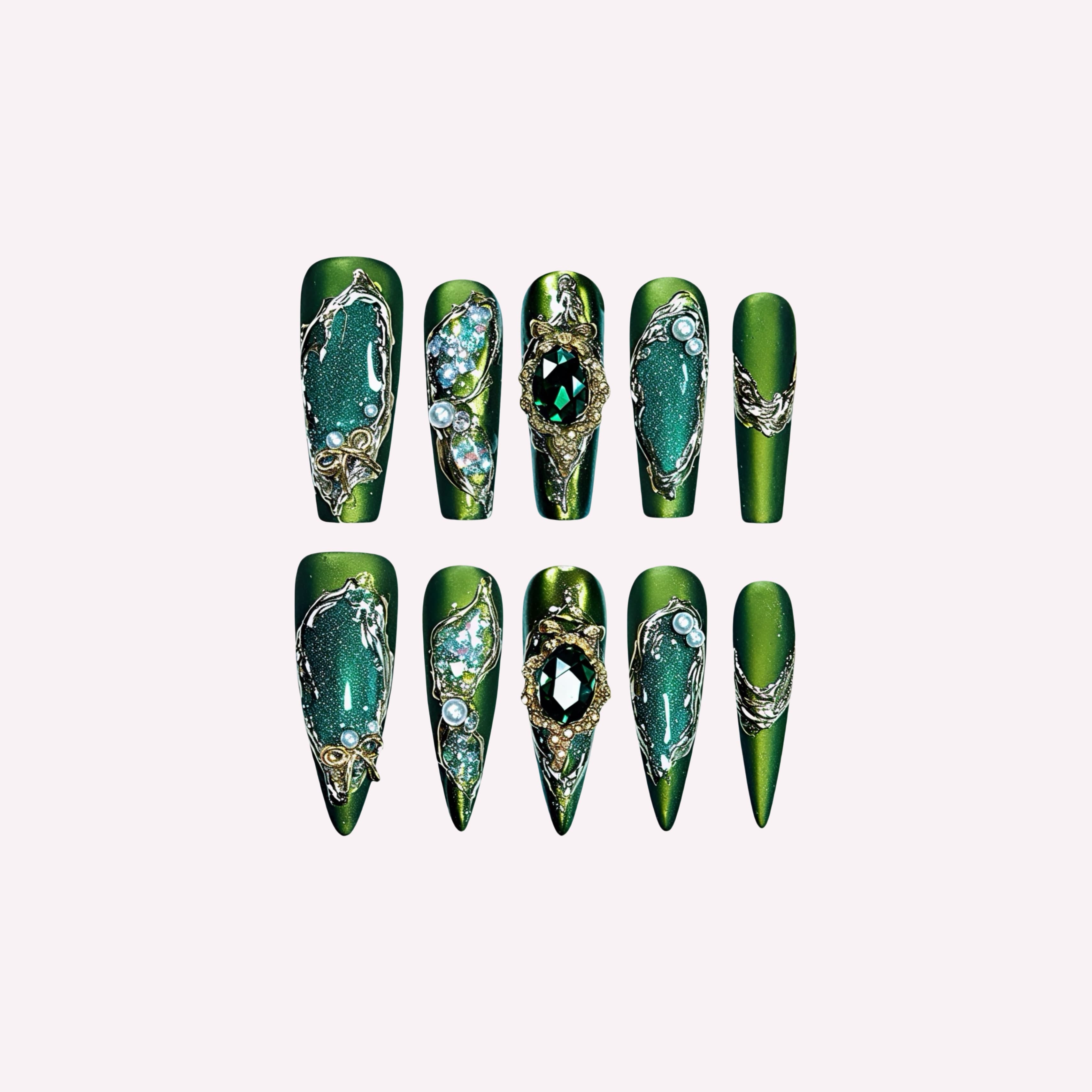 Emerald Wilds handmade press-on nails — gradient green emerald gold gem pearl nail art set in coffin and stiletto shapes by Poorguyshop