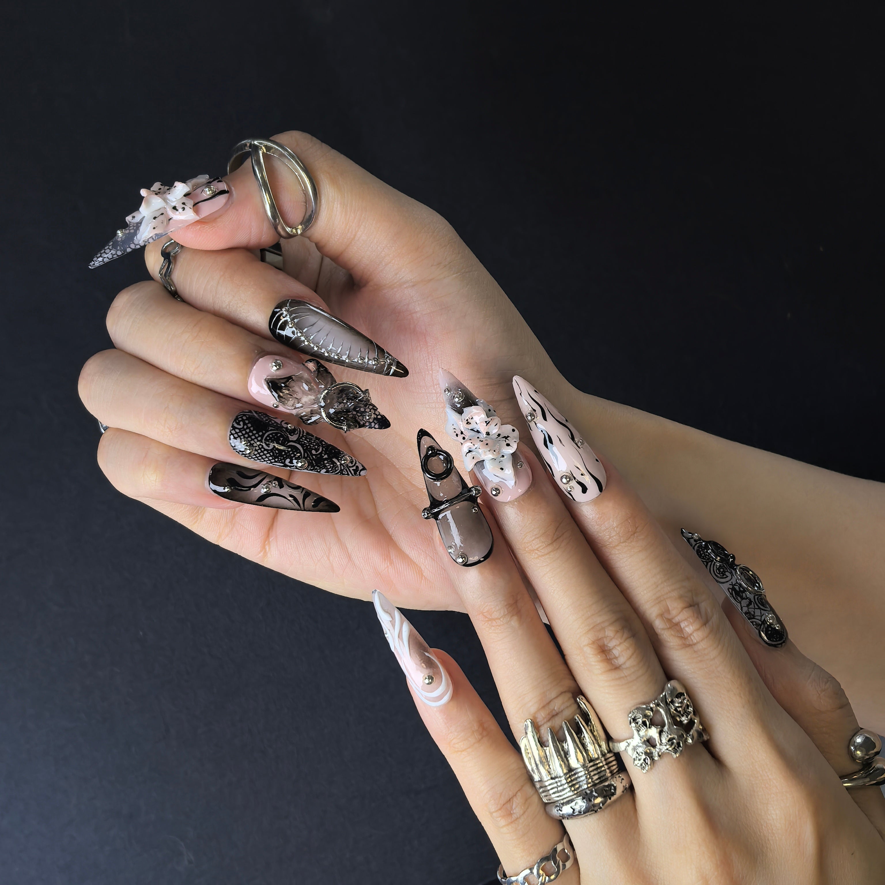 Euphoria Petal 30mm stiletto press-on nails — hand-painted floral luxury fake nails for women