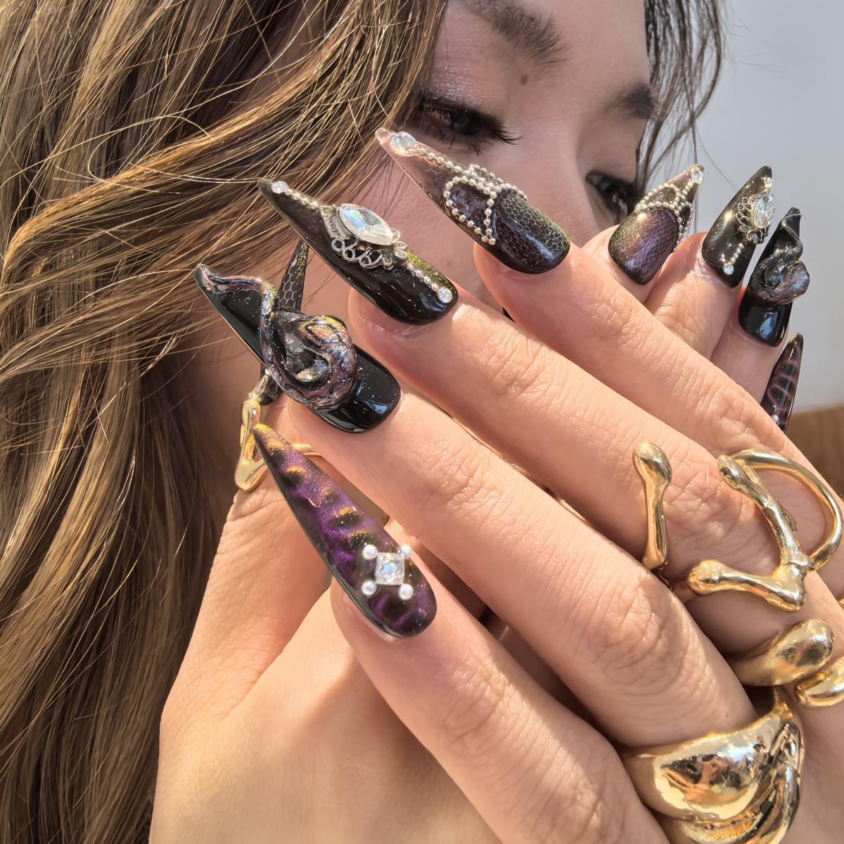Femme Fatale press-on nail set — handmade gothic nails with nail glue and prep pad, multiple sizes included