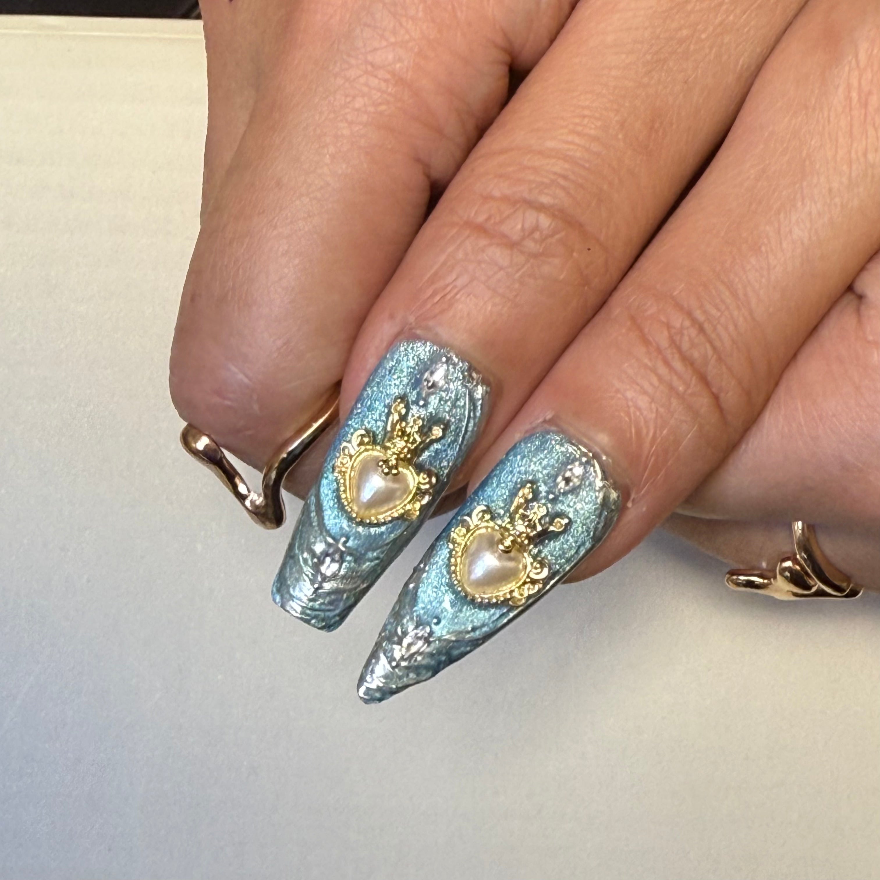 Frost Veil 30mm stiletto press-on nails — reusable handmade blue gold shimmer crown heart gem nail art press-ons