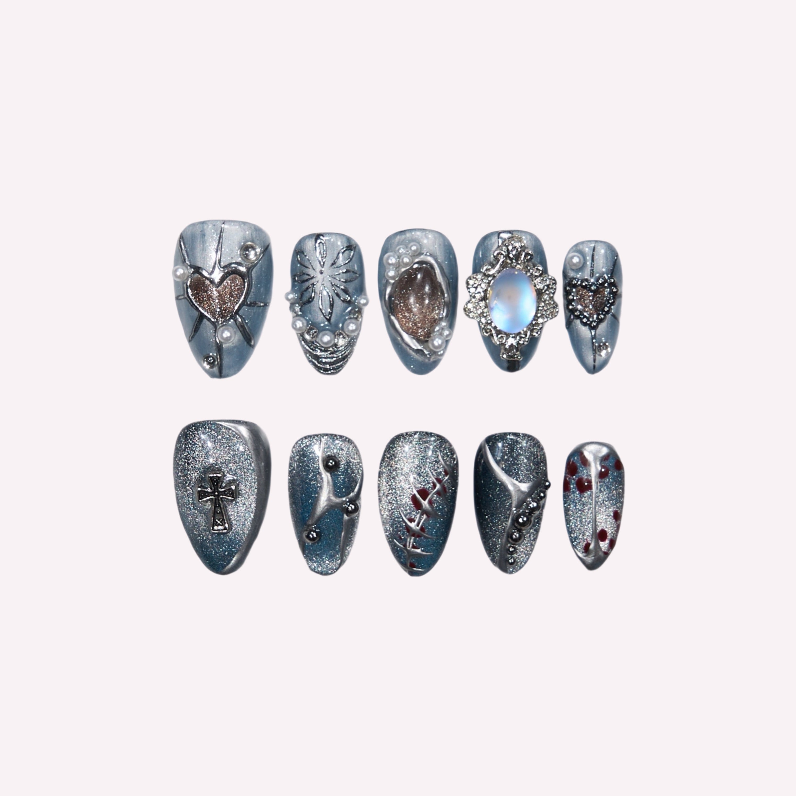 Gem Chrome handmade press-on nails — denim blue silver 3D cross heart starburst black bead pearl nail art almond set by Poorguyshop