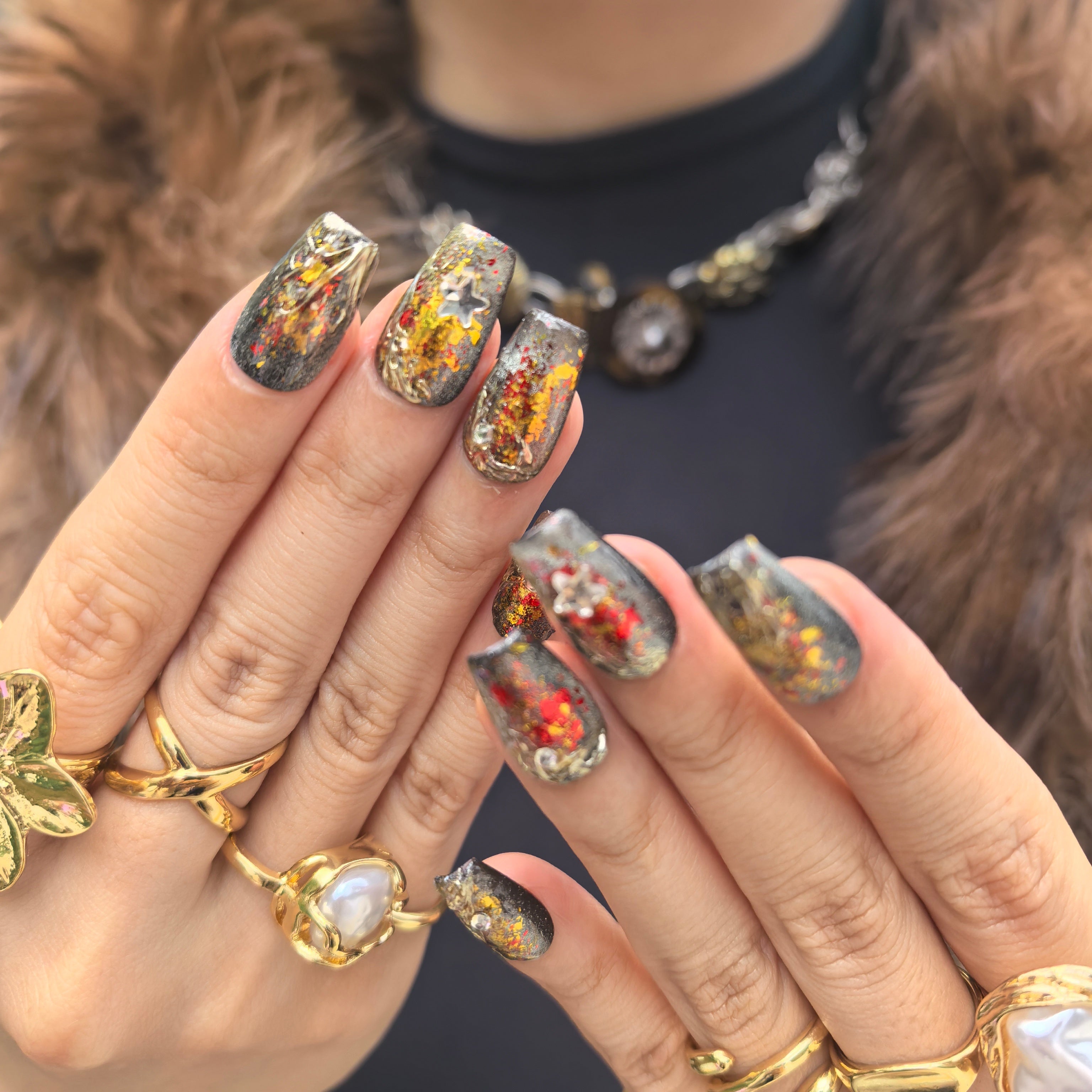 Gold Foil 20-25mm coffin press-on nails — hand-painted silver black glitter gold red molten splatter star crystal luxury fake nails for women