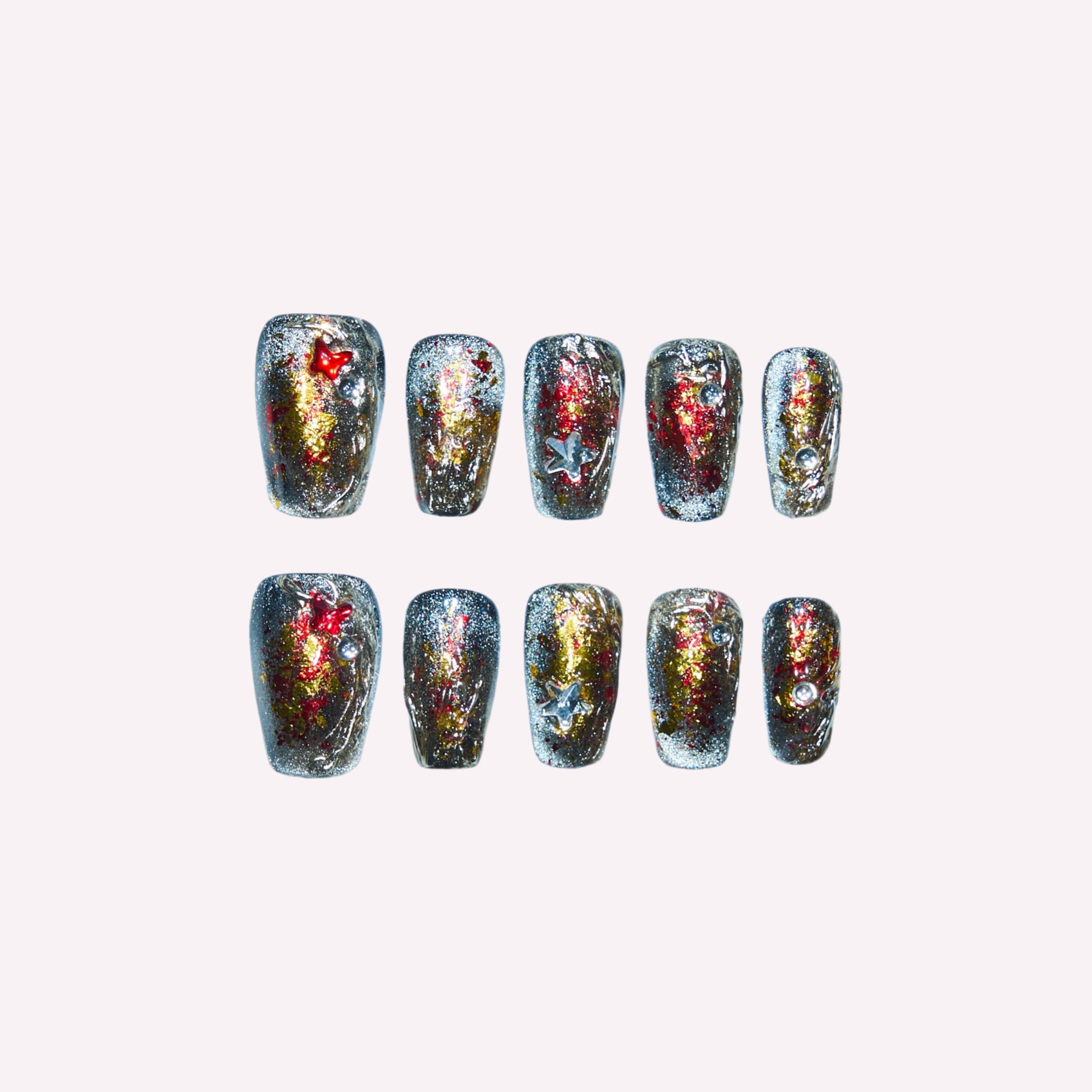Gold Foil handmade press-on nails — silver black gold red glitter star crystal molten splatter nail art set in coffin and stiletto shapes by Poorguyshop