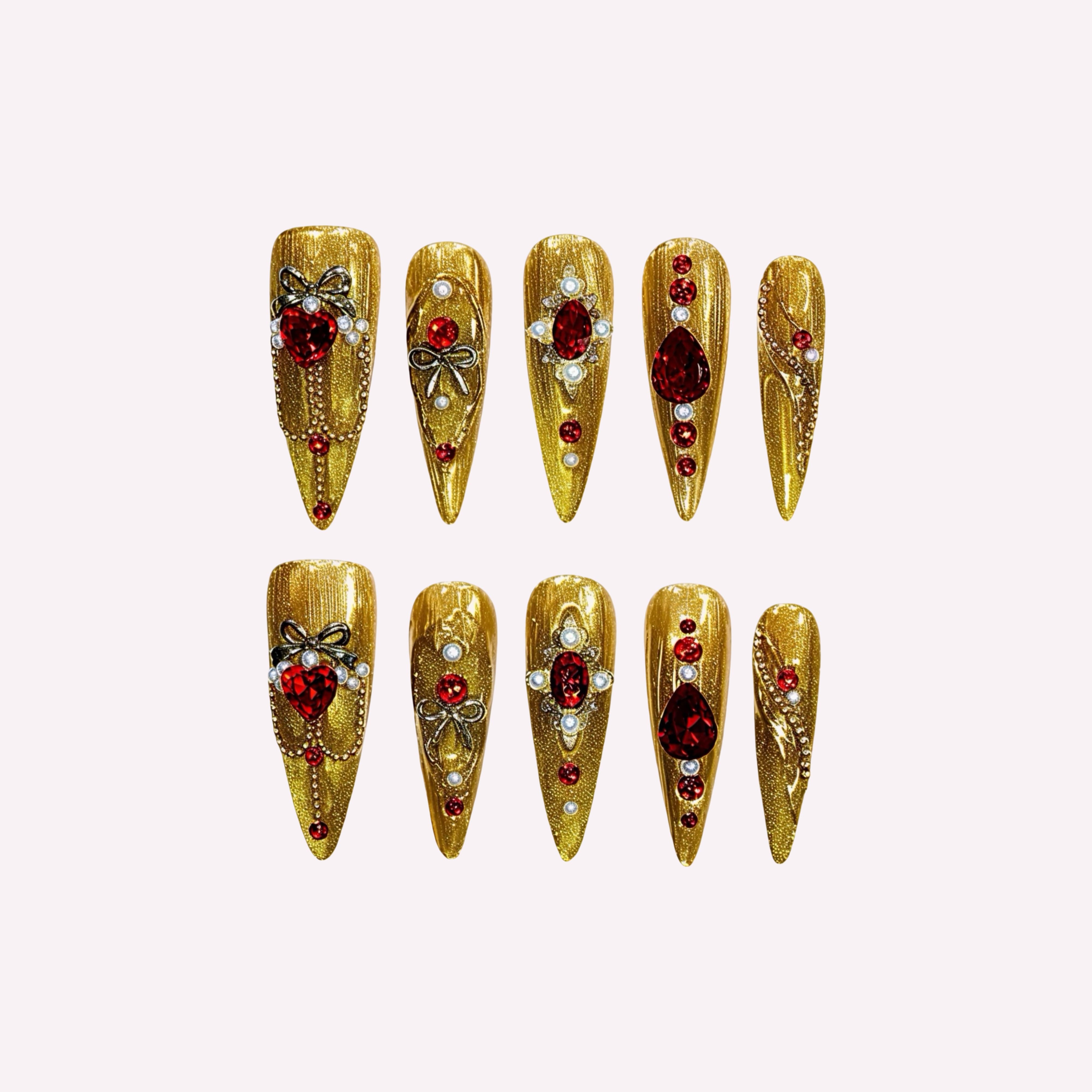 Golden Armor handmade press-on nails — gold red gemstone pearl nail art set in coffin and stiletto shapes by Poorguyshop