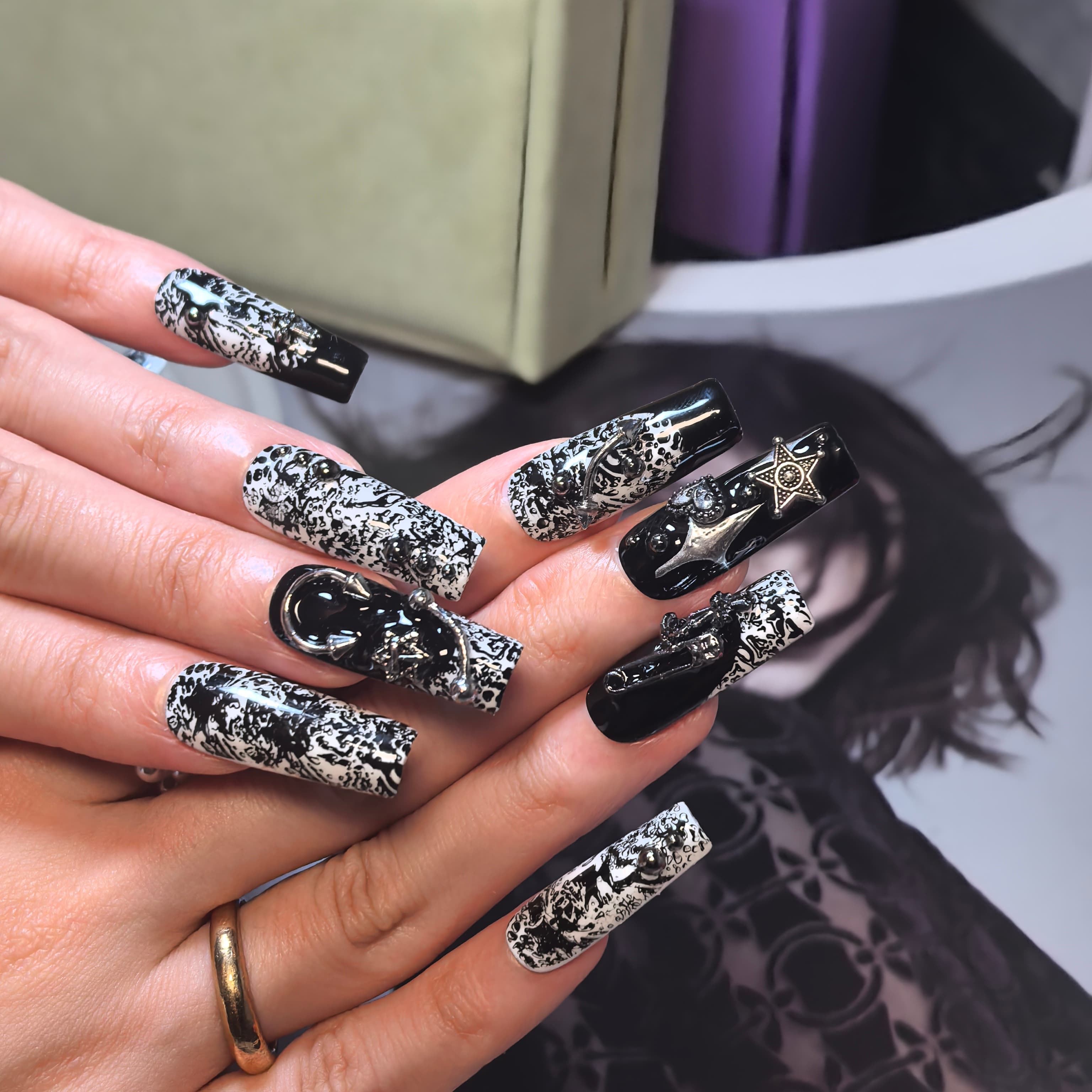 Grunge Baddie 25-30mm square press-on nails — hand-painted black white marble abstract metallic pentagram horseshoe safety pin luxury fake nails for women