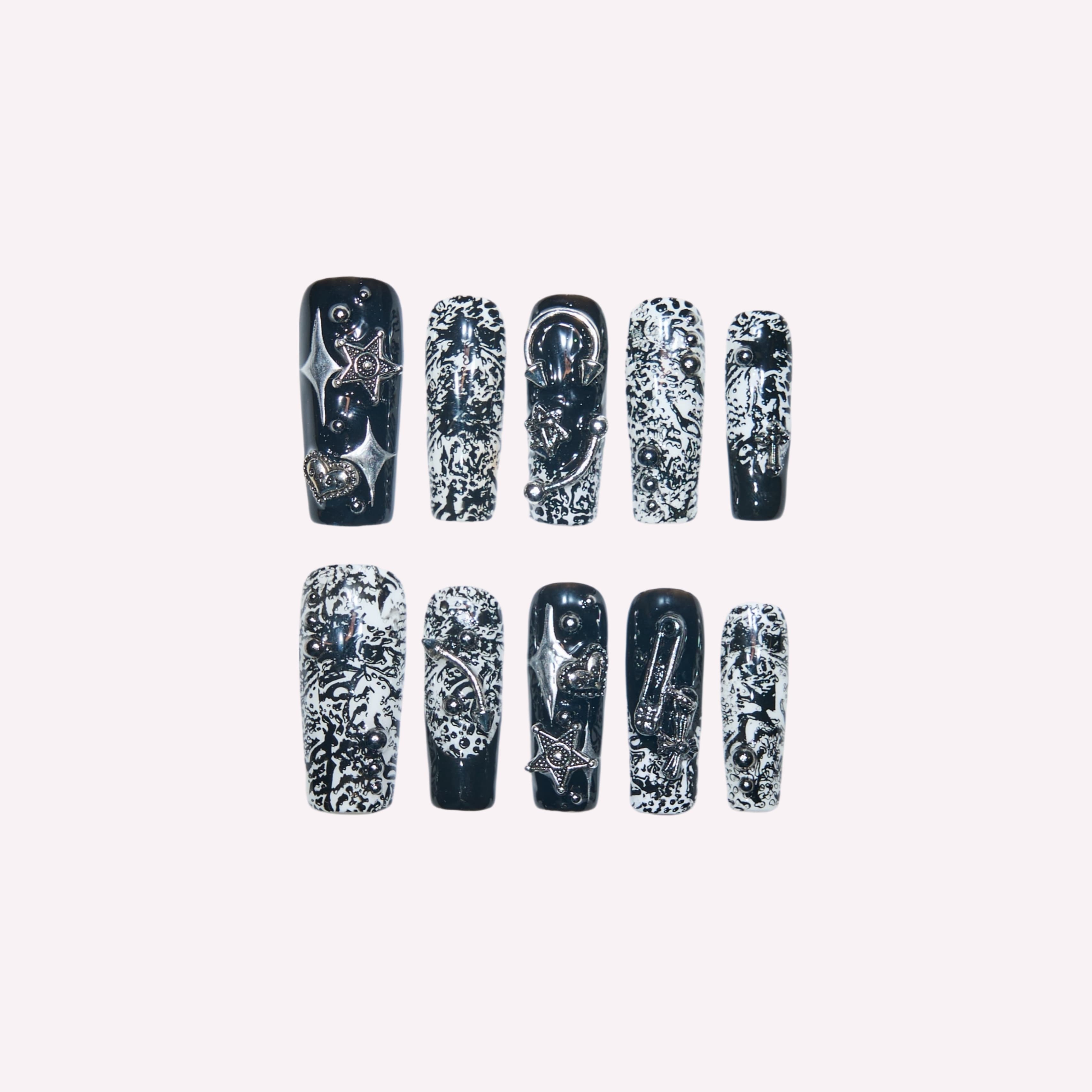 Grunge Baddie handmade press-on nails — black white gothic marble pentagram horseshoe safety pin heart pearl nail art square set by Poorguyshop
