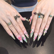 Hallucinogenic stiletto press-on nails – enchanting floral and mushroom details on nude base, 26–30mm fairycore style