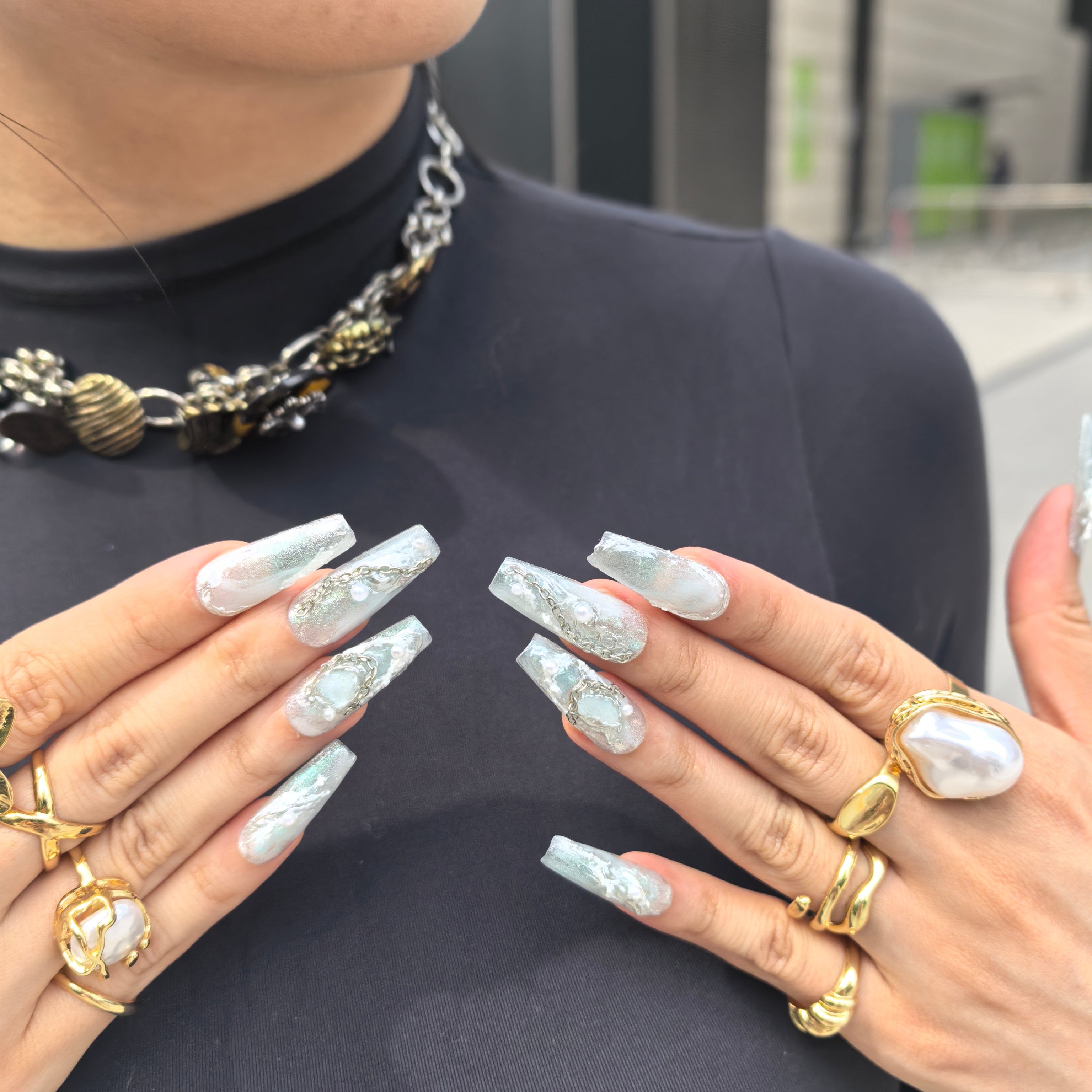 Ice Age 30mm coffin press-on nails — hand-painted light blue iridescent mother-of-pearl silver chain pearl luxury fake nails for women