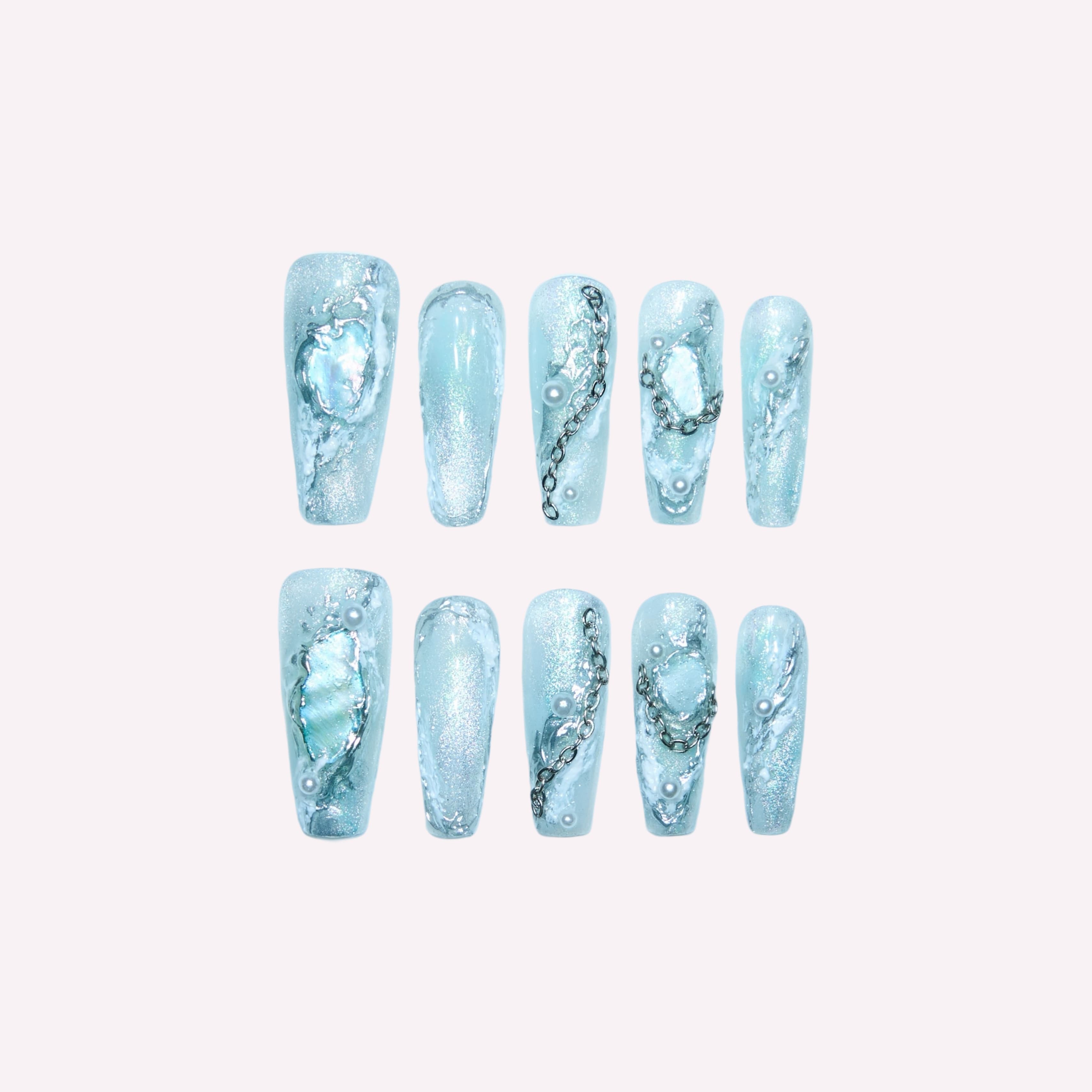 Ice Age handmade press-on nails — light blue iridescent mother-of-pearl silver chain pearl nail art set in coffin and stiletto shapes by Poorguyshop