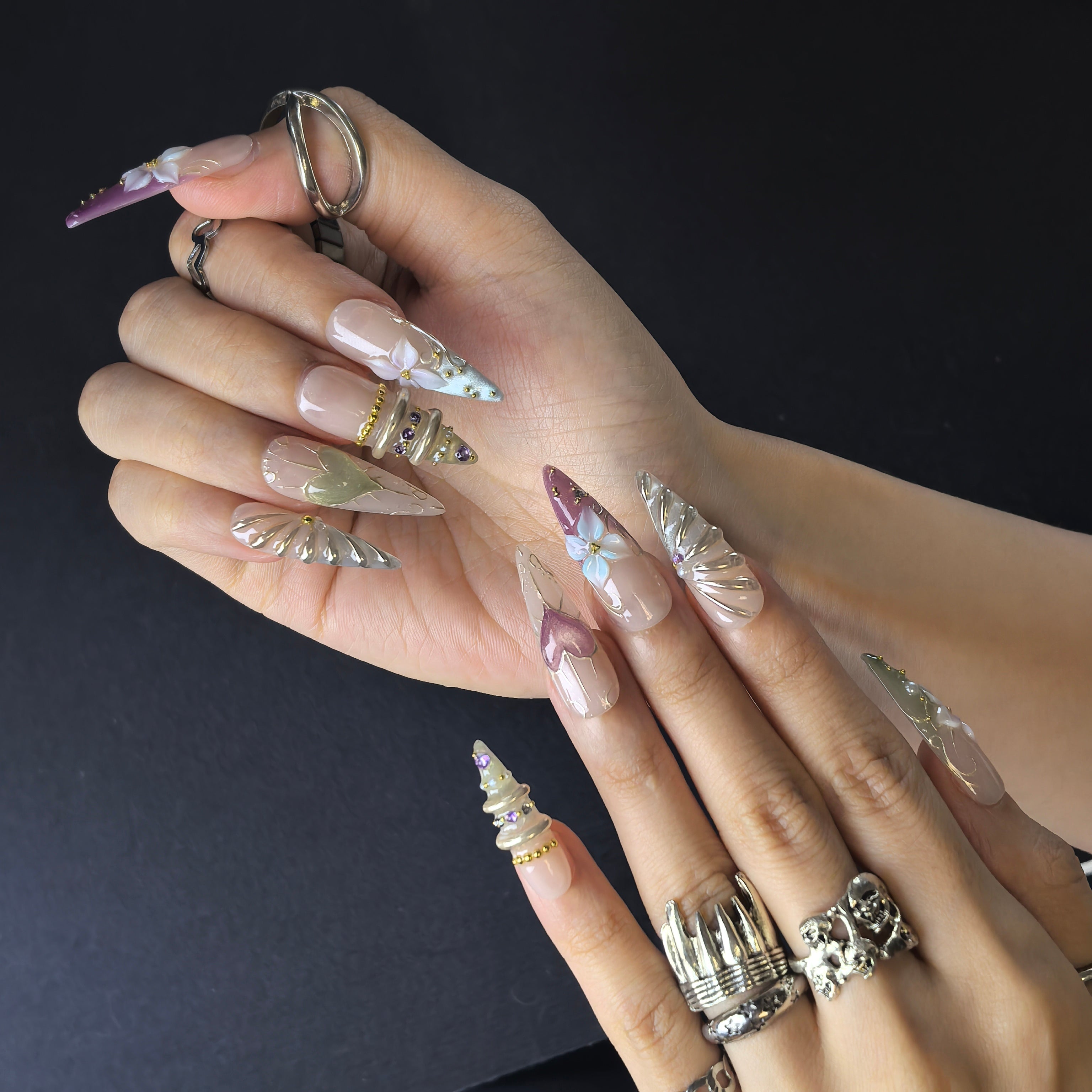 Lavender Court 30mm coffin press-on nails — reusable handmade lavender nail art press-ons with soft-girl aesthetic